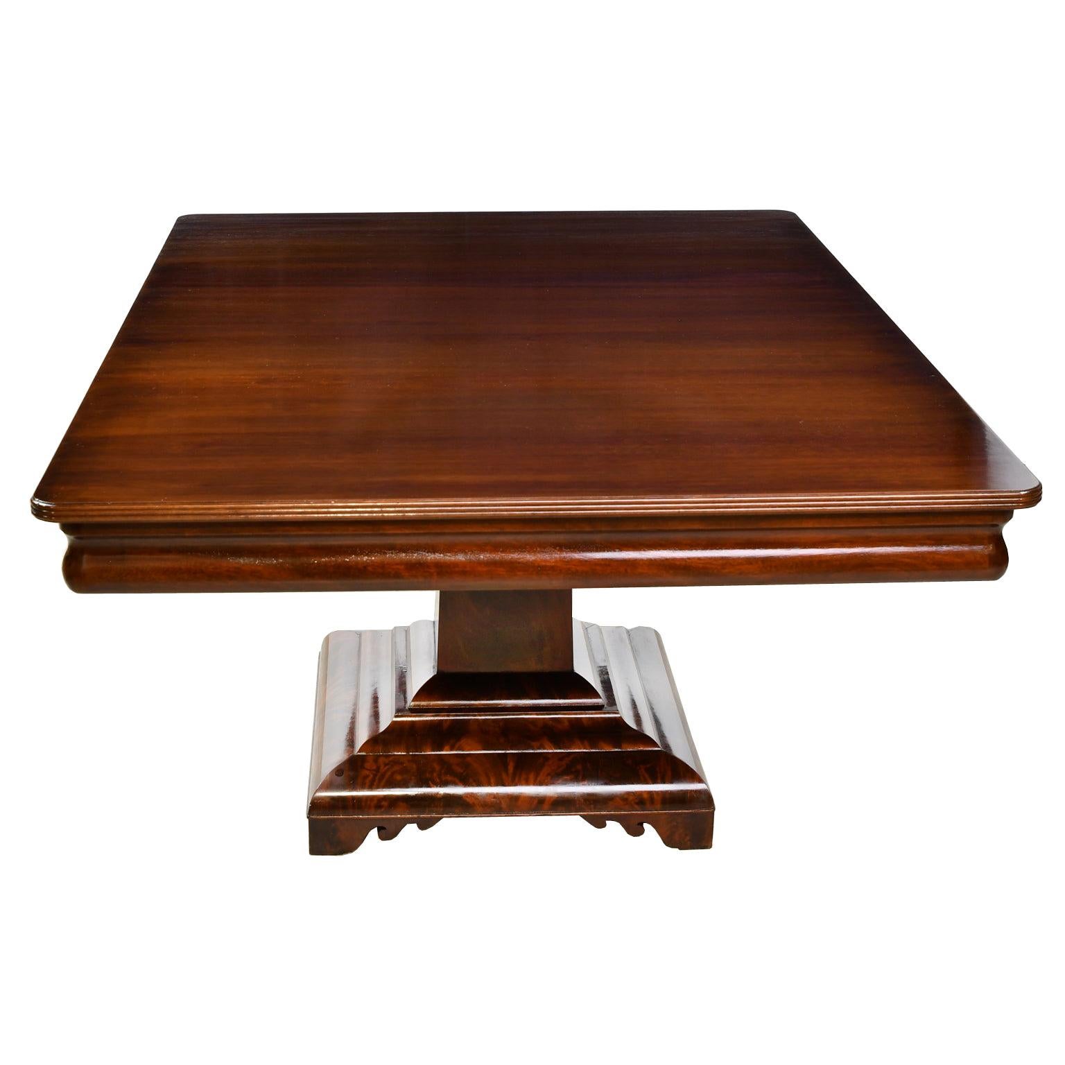 A very handsome dining table with antique classical Grecian-form, stepped pedestal base in figured West Indies mahogany (circa 1825), with a newly-made rectangular top and ogee apron in Honduran mahogany. Table has a French-polish finish. Seats 6