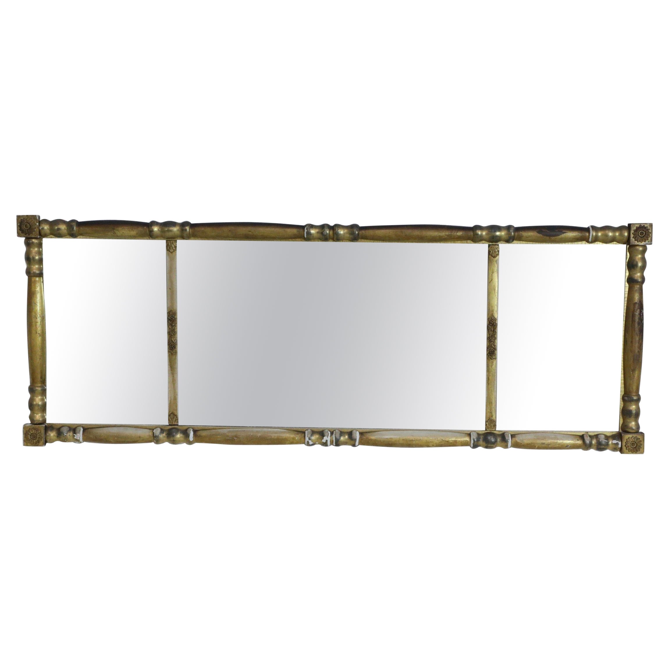 American Empire Column Form 3 Section Giltwood Overmantel Wall Mirror For Sale