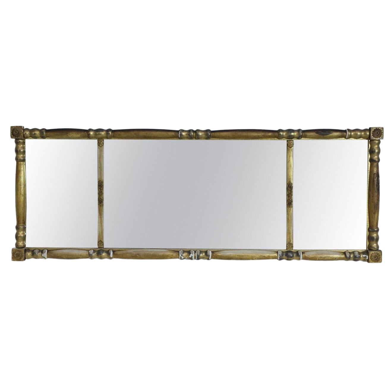 American Empire Column Form 3 Section Giltwood Overmantel Wall Mirror For Sale