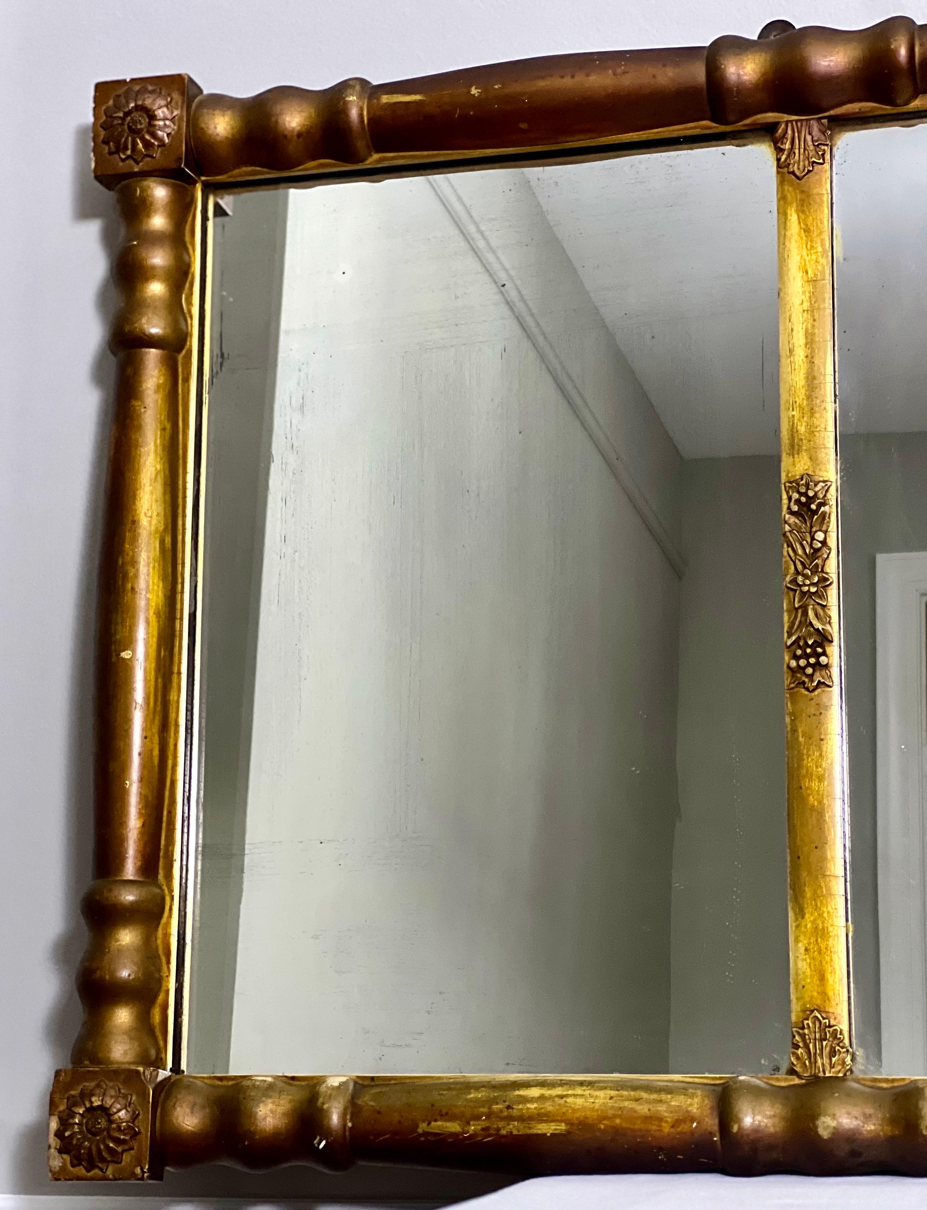 19th C. American Empire Column Form Giltwood Over Mantle Triptych Wall Mirror In Good Condition In Doylestown, PA