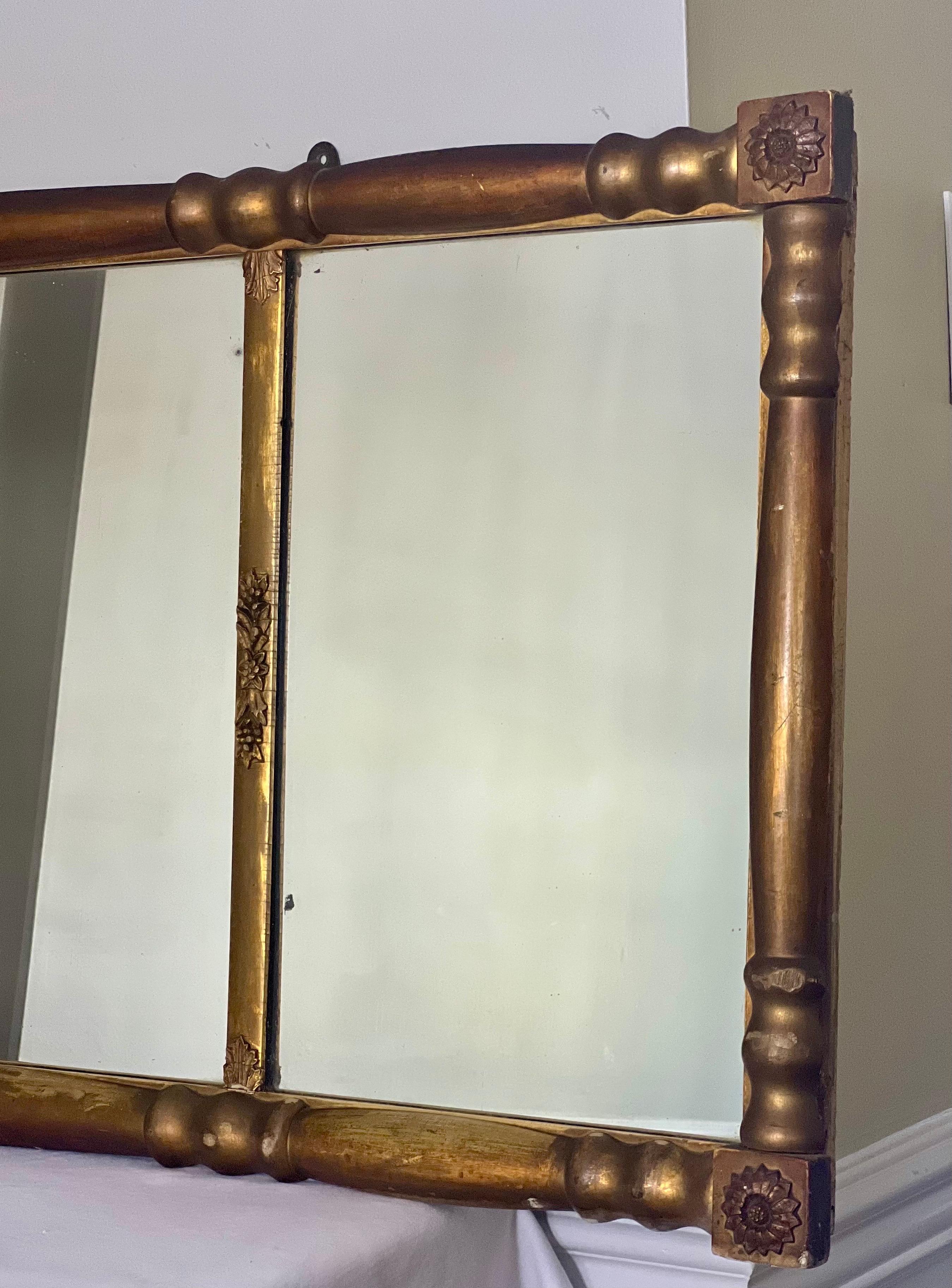 19th C. American Empire Column Form Giltwood Over Mantle Triptych Wall Mirror 1