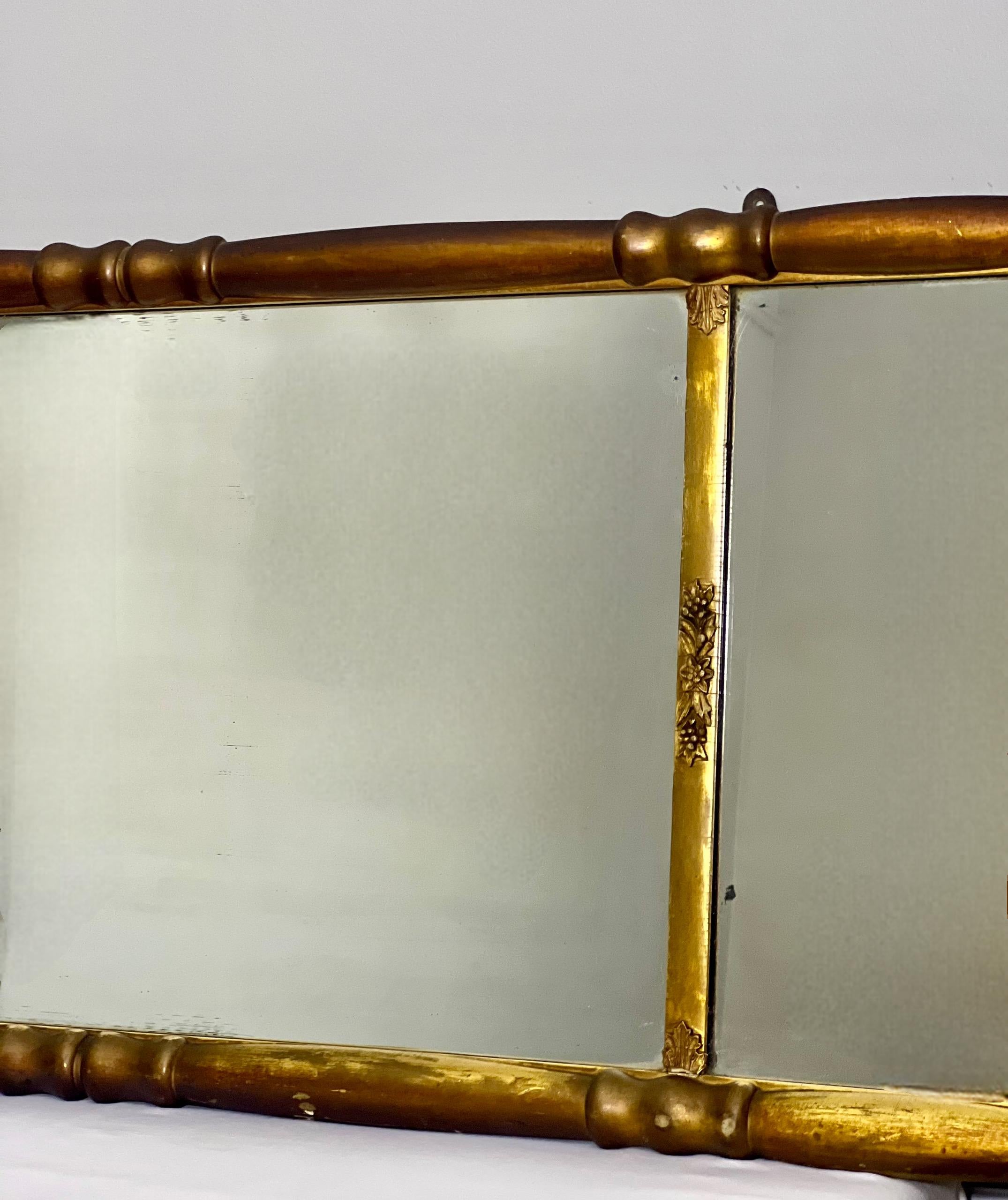 19th Century 19th C. American Empire Column Form Giltwood Over Mantle Triptych Wall Mirror