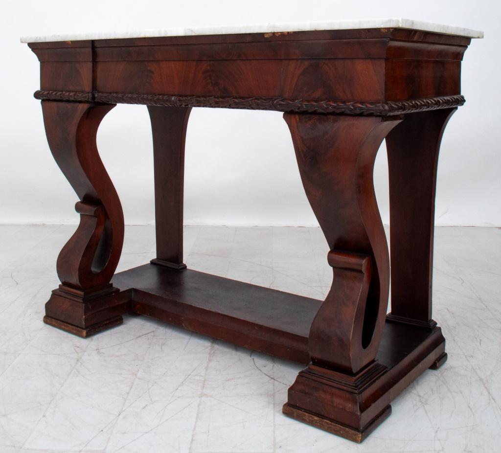 American Empire Marble Topped Mahogany Console, likely New York, 1840-50s. 36.5
