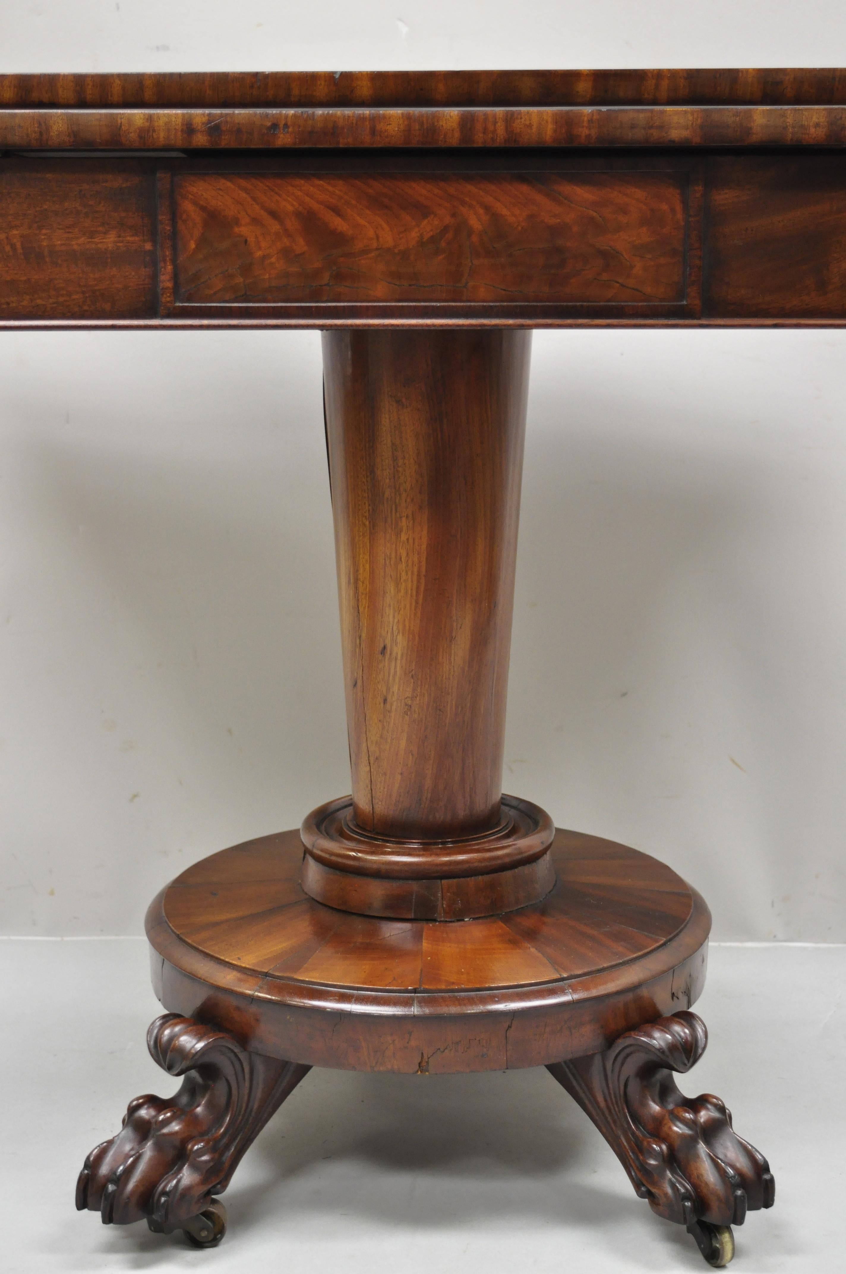 American Empire Crotch Flame Mahogany Paw Feet Pedestal Base Console Game Table 7