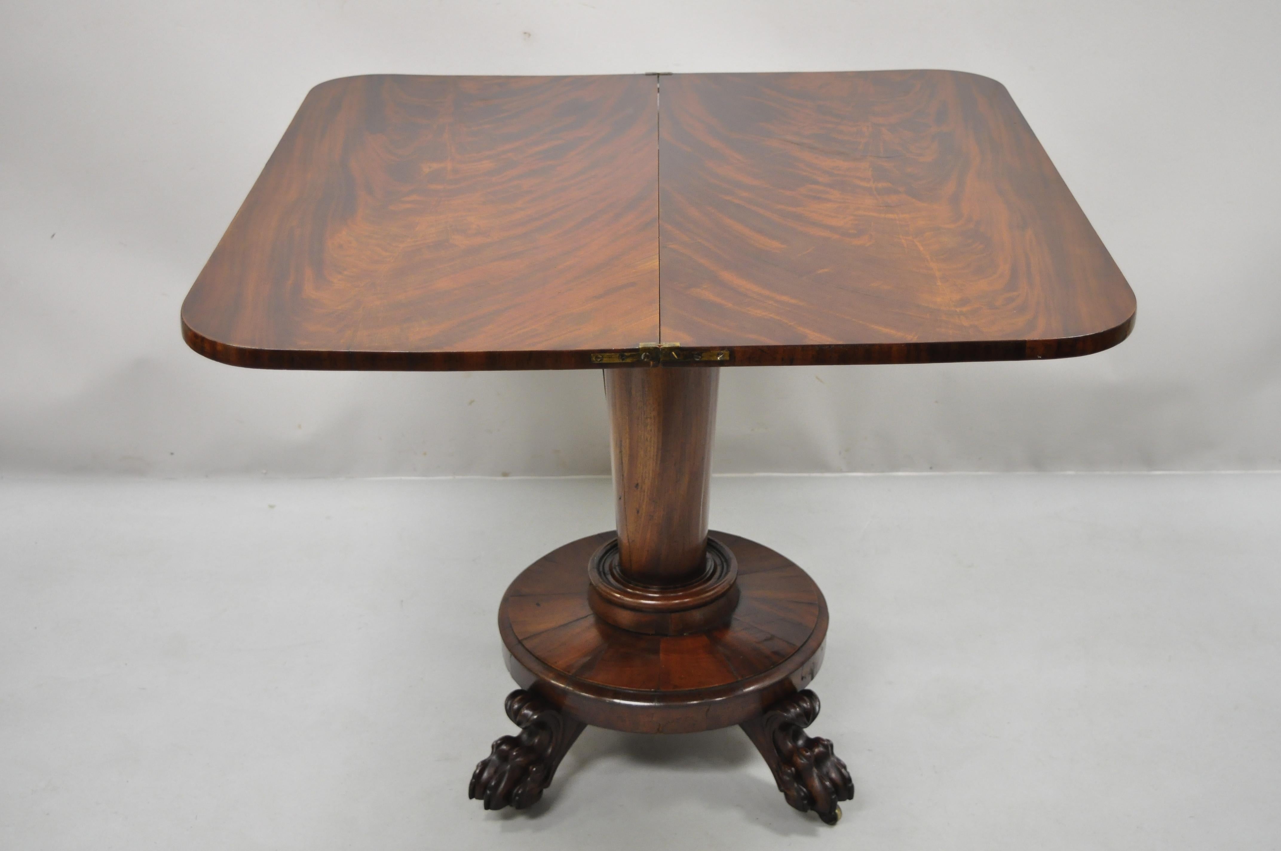 North American American Empire Crotch Flame Mahogany Paw Feet Pedestal Base Console Game Table