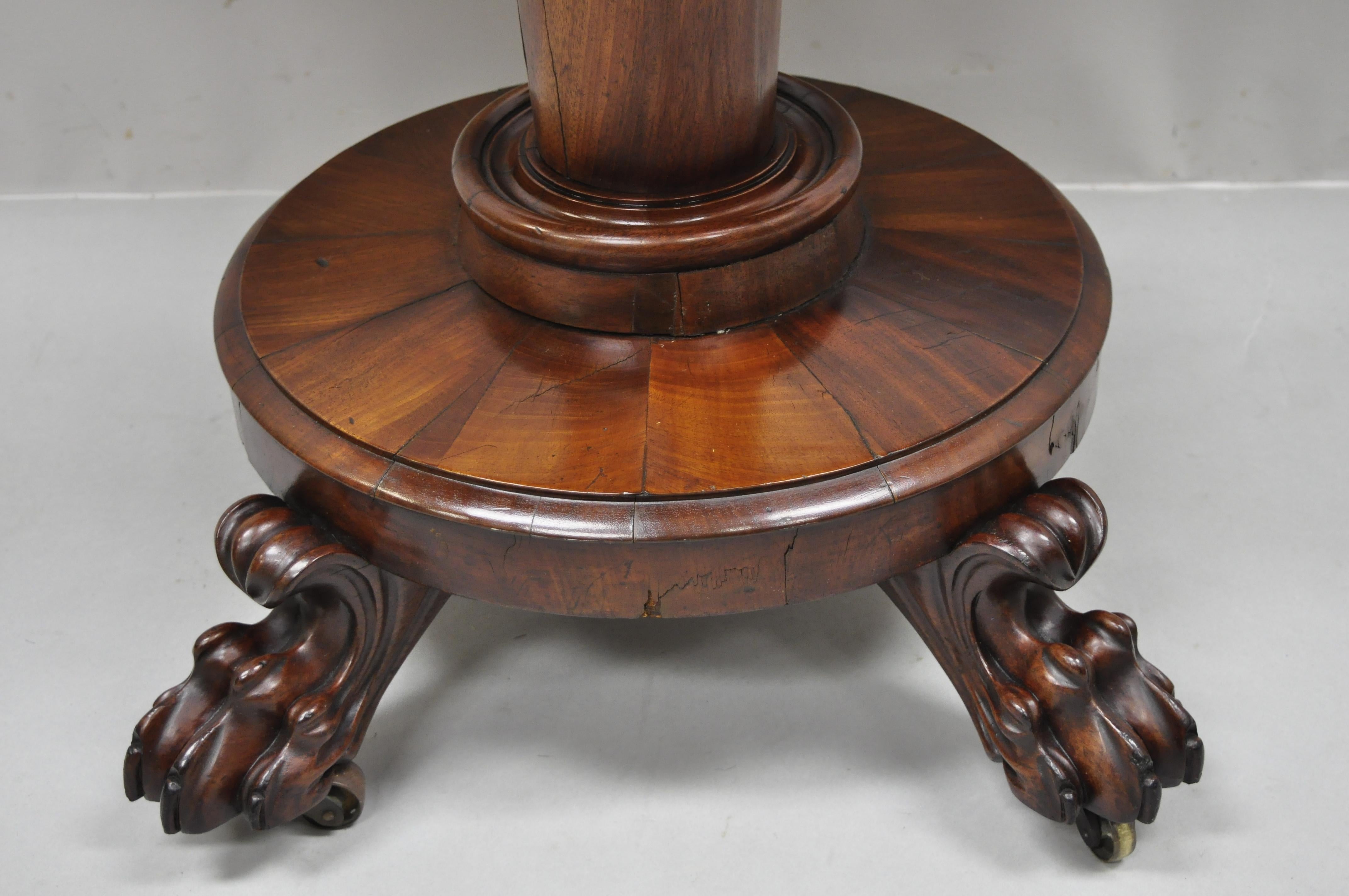 19th Century American Empire Crotch Flame Mahogany Paw Feet Pedestal Base Console Game Table