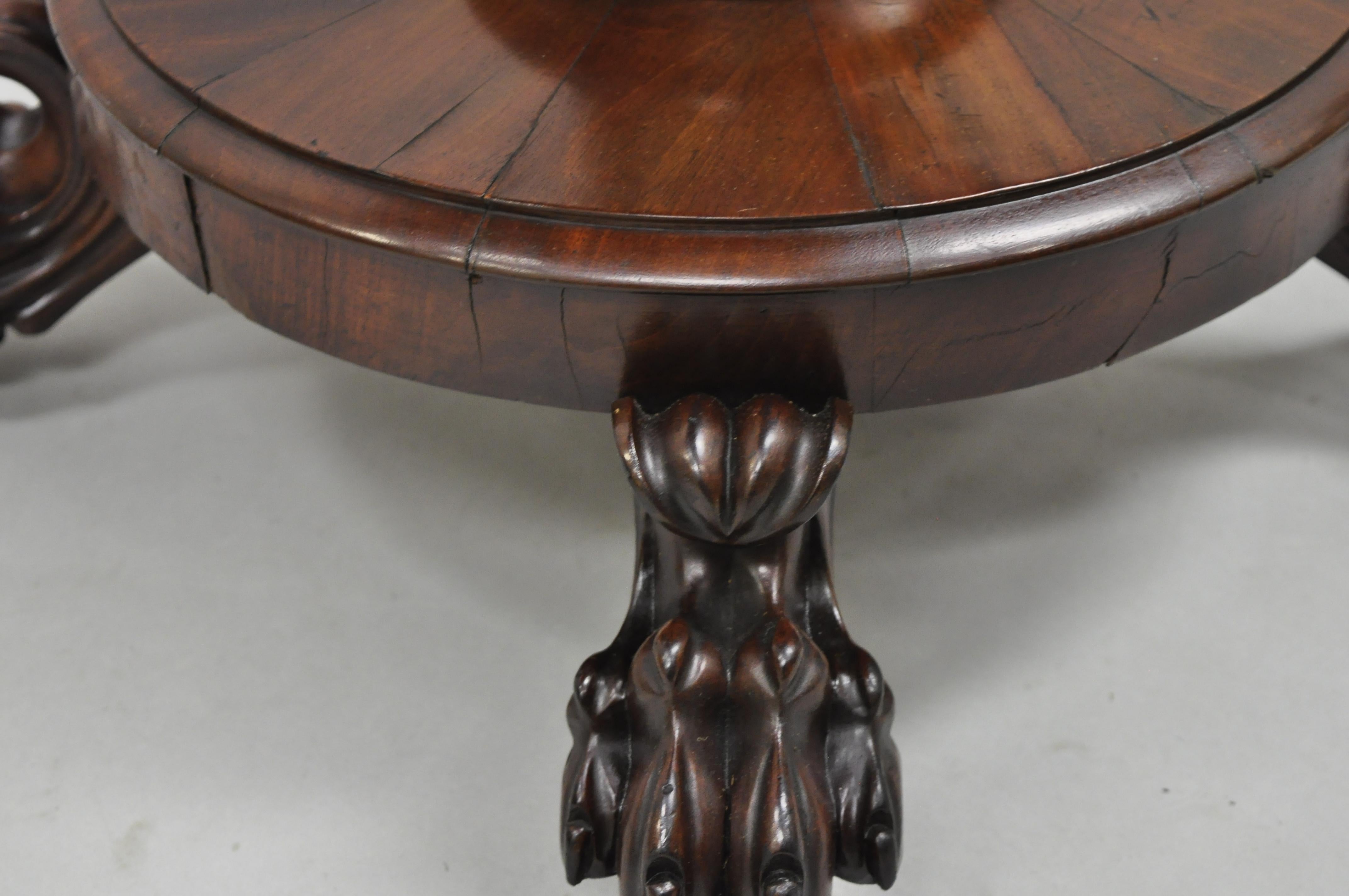 American Empire Crotch Flame Mahogany Paw Feet Pedestal Base Console Game Table 1