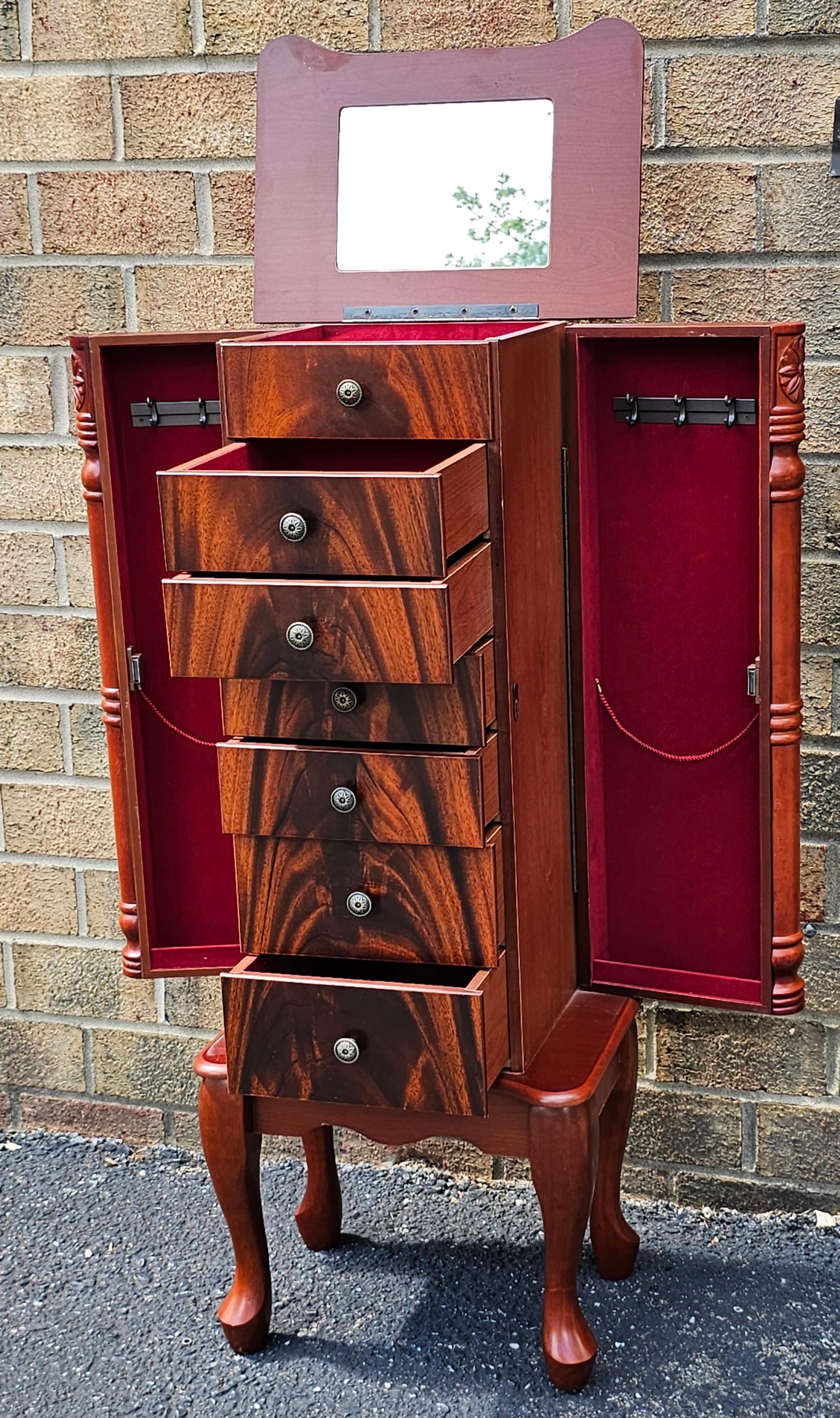 American Empire Crotch Mahogany Style Jewelry Armoire. Flawlessly functioning drawers and doors. Measures 16