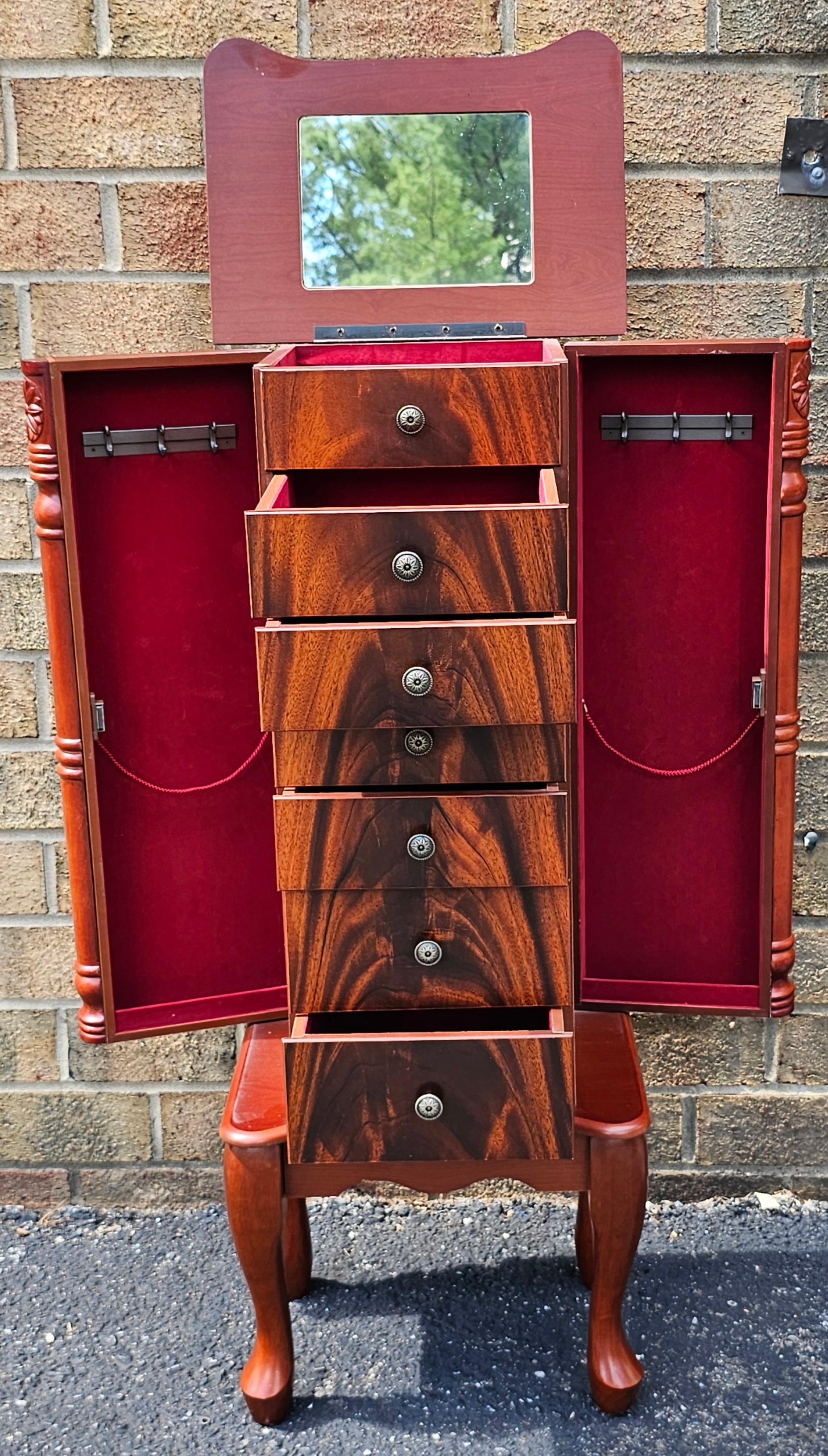 Late Victorian American Empire Crotch Mahogany Style Mirrored Jewelry Armoire For Sale