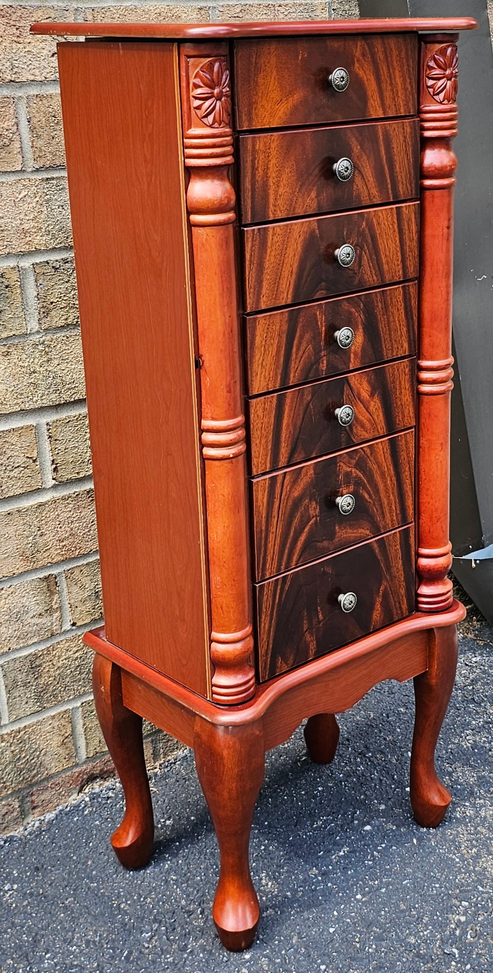 Stained American Empire Crotch Mahogany Style Mirrored Jewelry Armoire For Sale