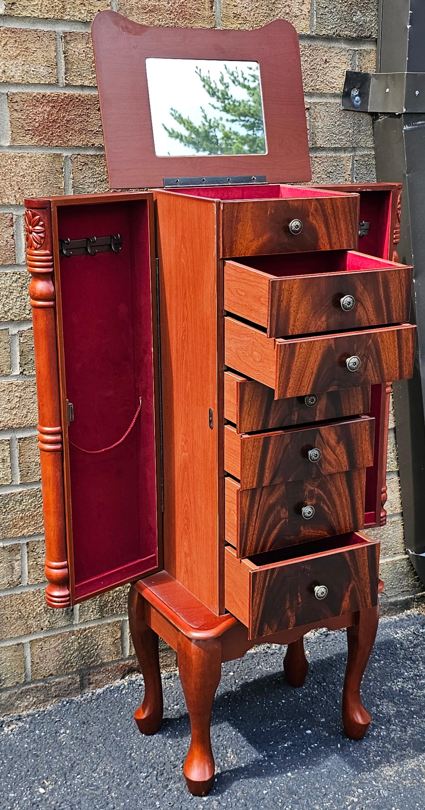 American Empire Crotch Mahogany Style Mirrored Jewelry Armoire In Good Condition For Sale In Germantown, MD