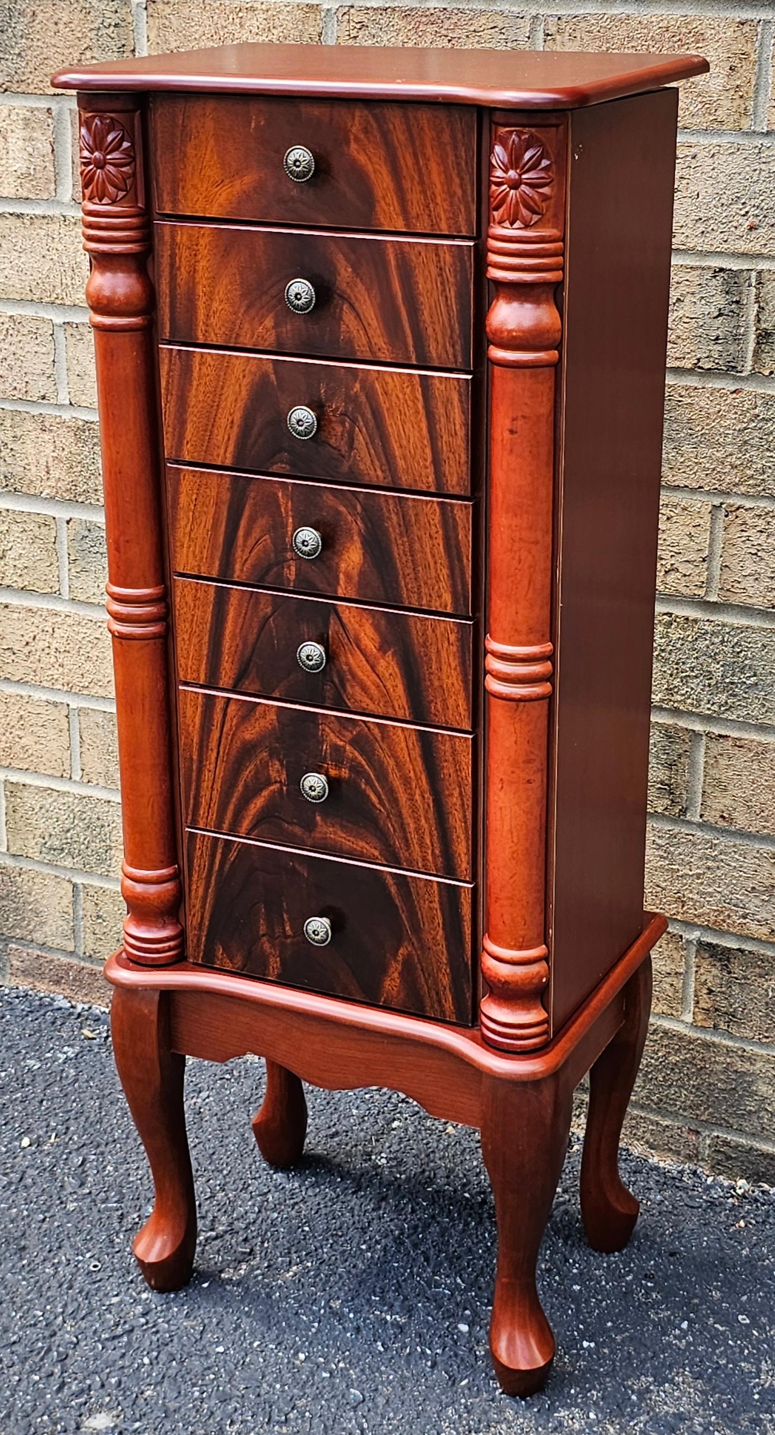 Contemporary American Empire Crotch Mahogany Style Mirrored Jewelry Armoire For Sale