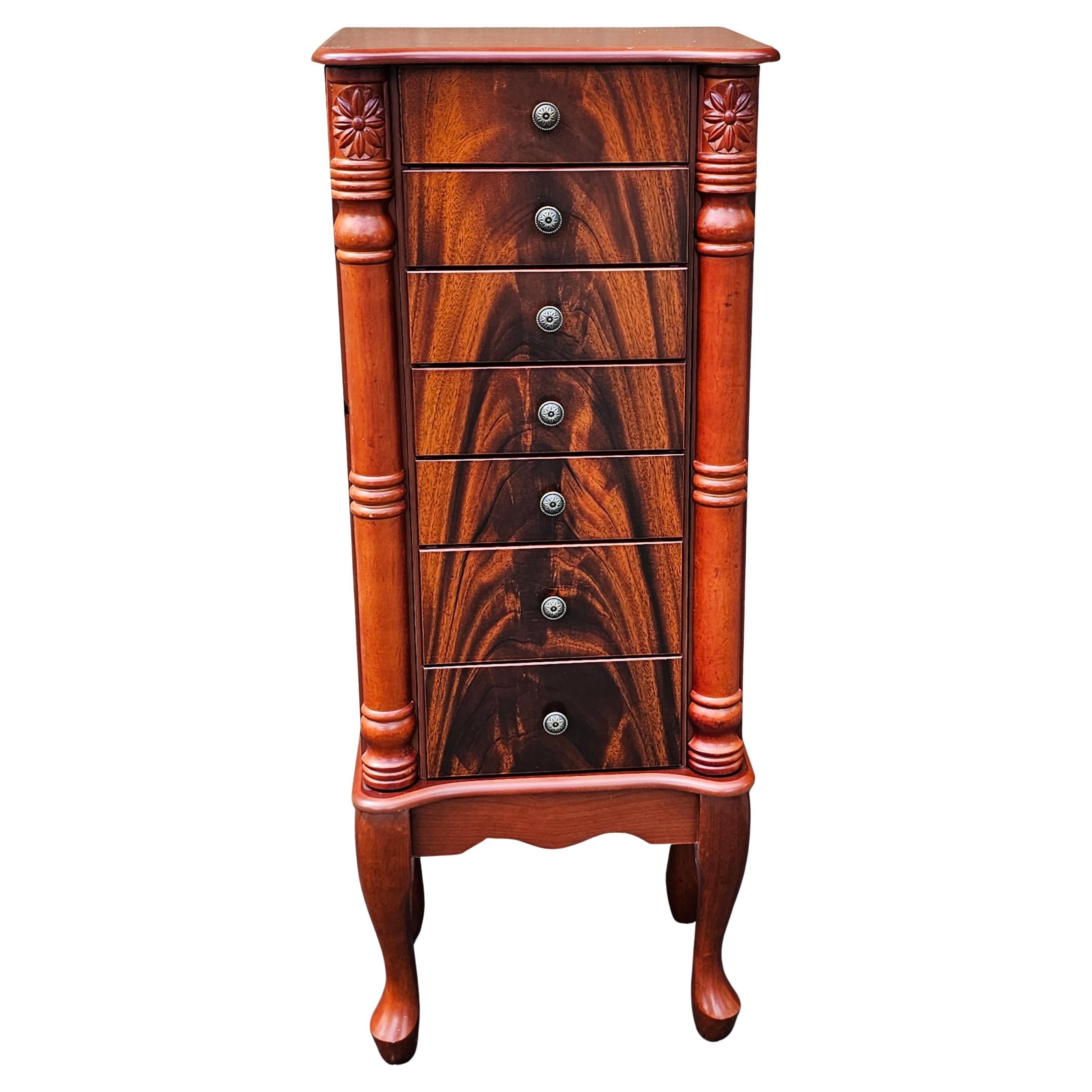 Armadio per gioielli con specchio in stile American Empire Crotch Mahogany