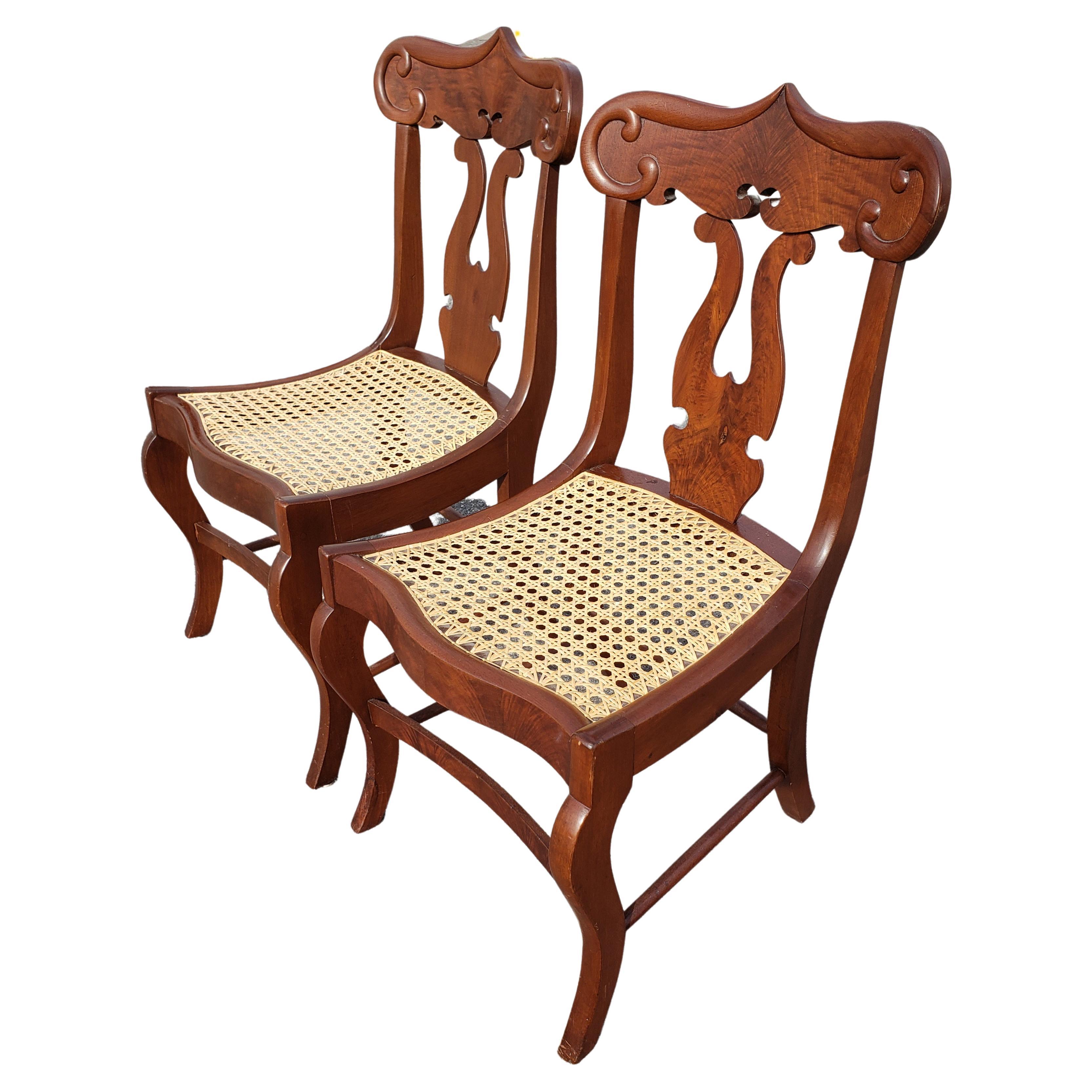 American Colonial American Empire Flame Mahogany Cane Seat Chairs, circa 1890s a Pair For Sale
