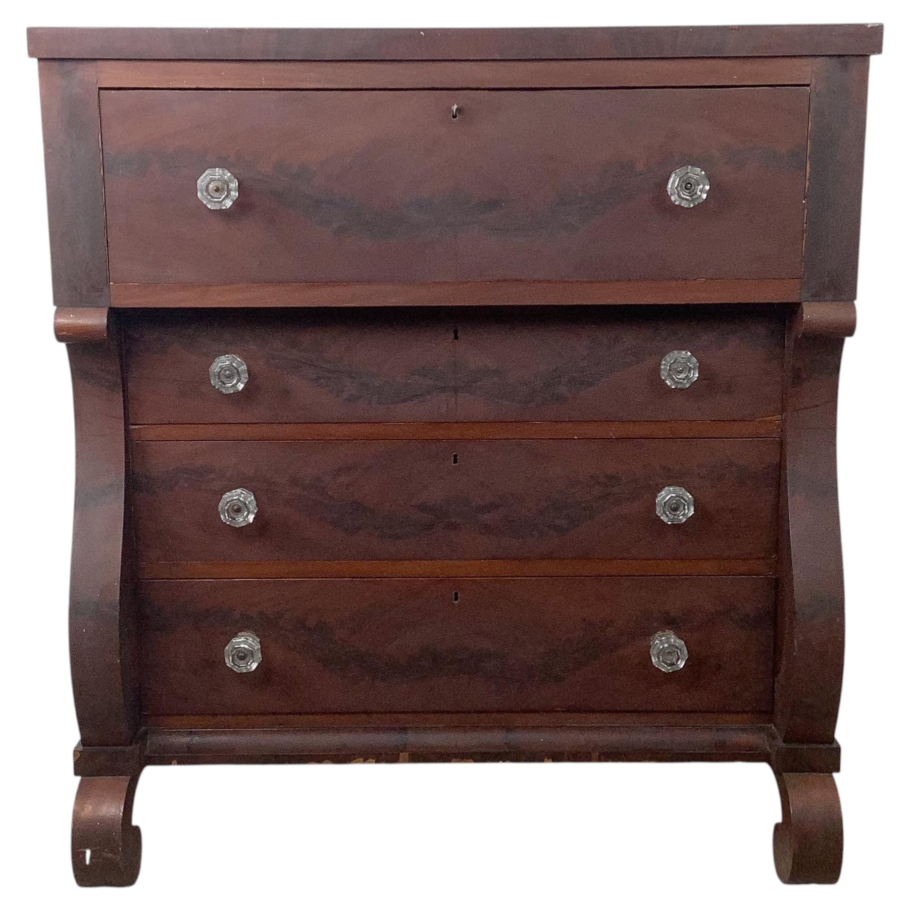 American Empire Flame Mahogany Four-Drawer Chest, 19th Century