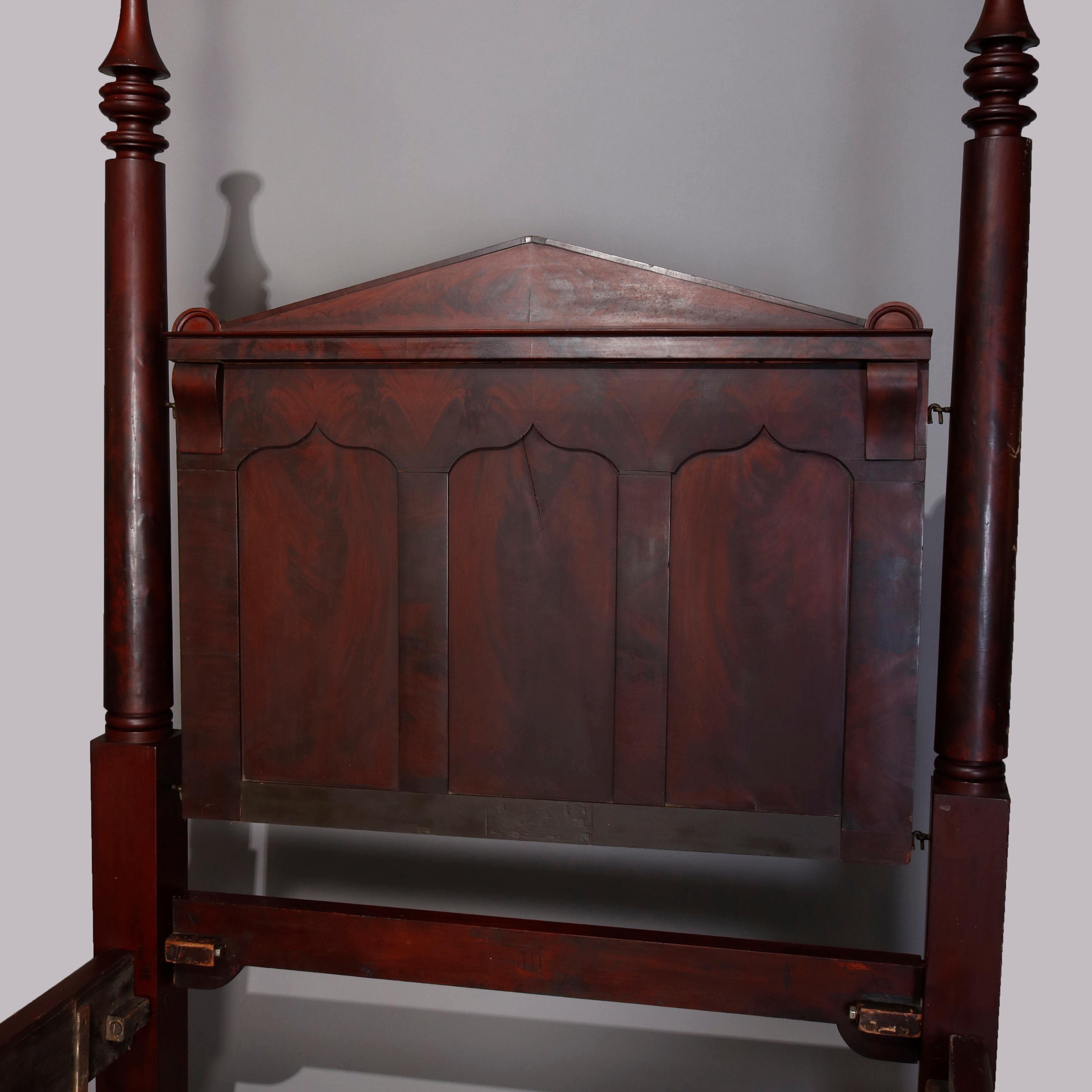 Carved American Empire Flame Mahogany Quervelle School Tester Bed, circa 1840