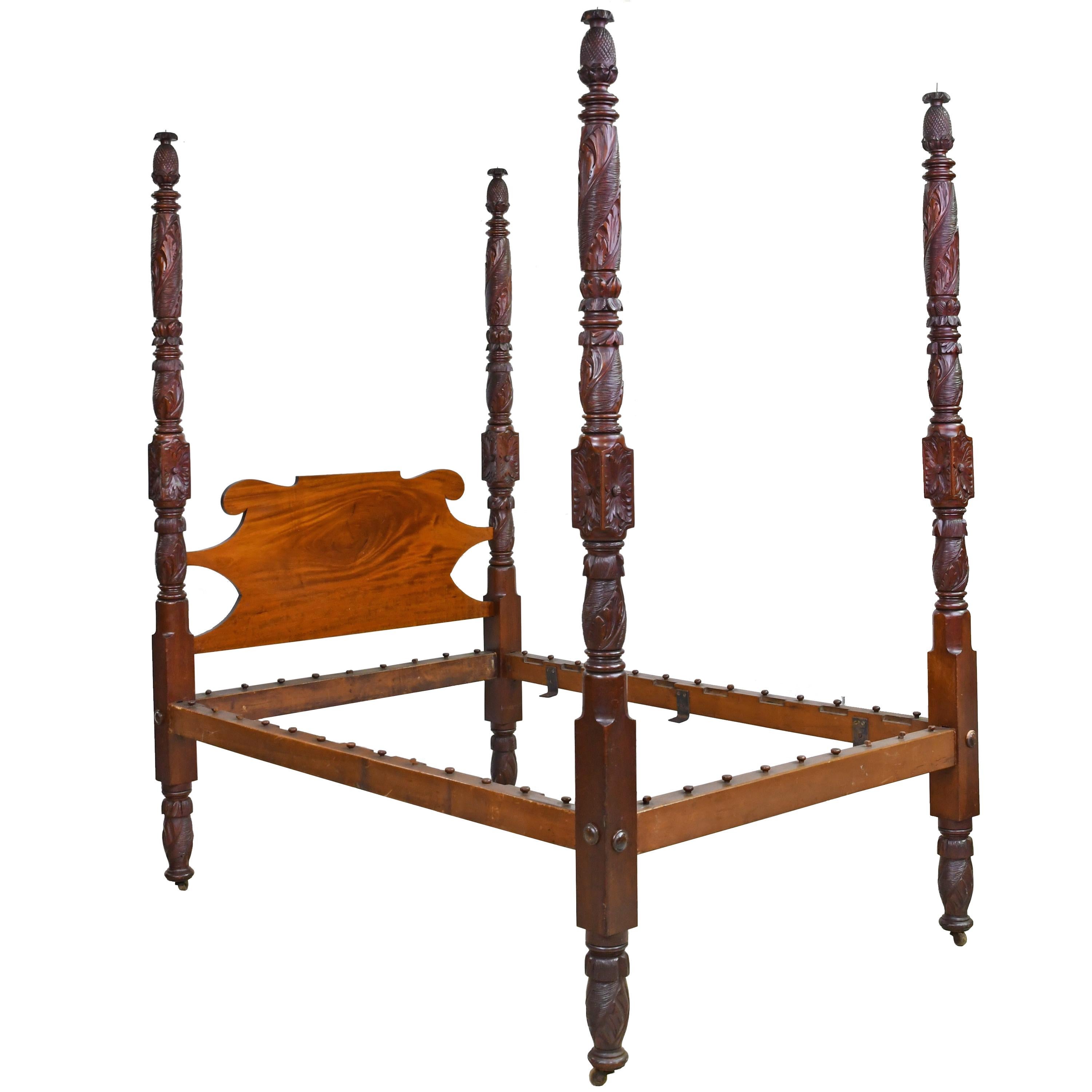 Hand-Carved American Empire Four Poster Bed with Acanthus Carvings, circa 1820