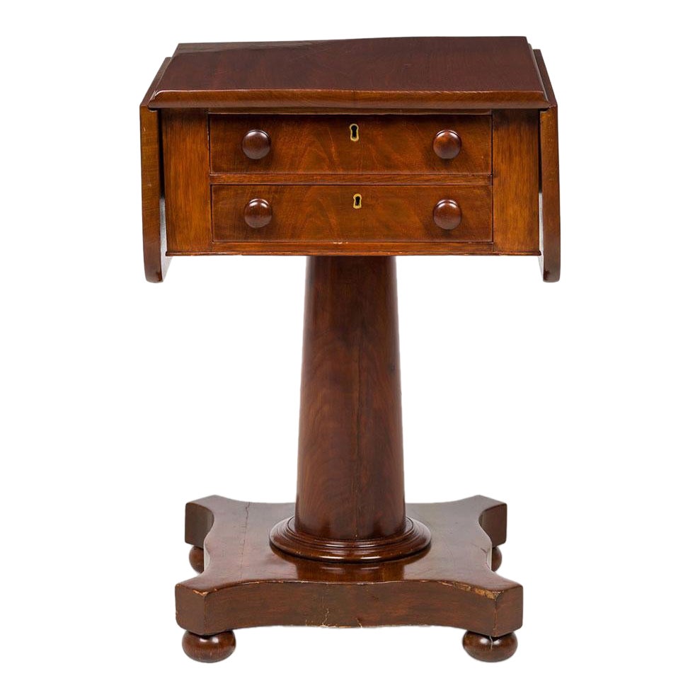 American Empire Mahogany Drop Leaf Two Drawer Bedside / End Table For Sale