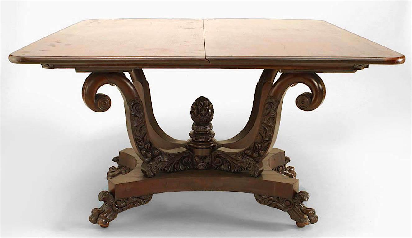 American Empire mahogany flip top console table with carved lyre form base with scroll design on carved paw feet
