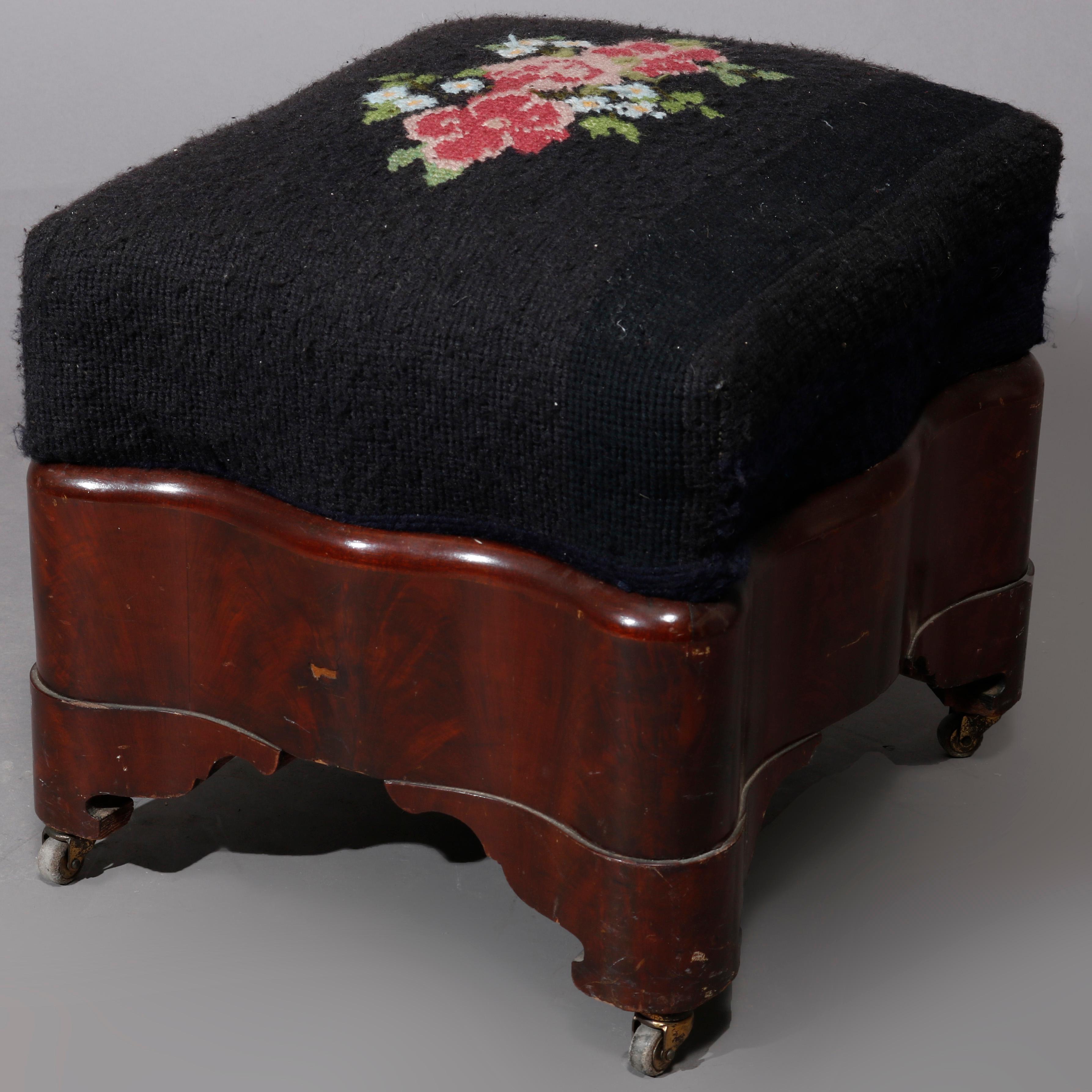 American Empire Mahogany & Floral Needlepoint Foot Stool C1880 In Good Condition For Sale In Big Flats, NY