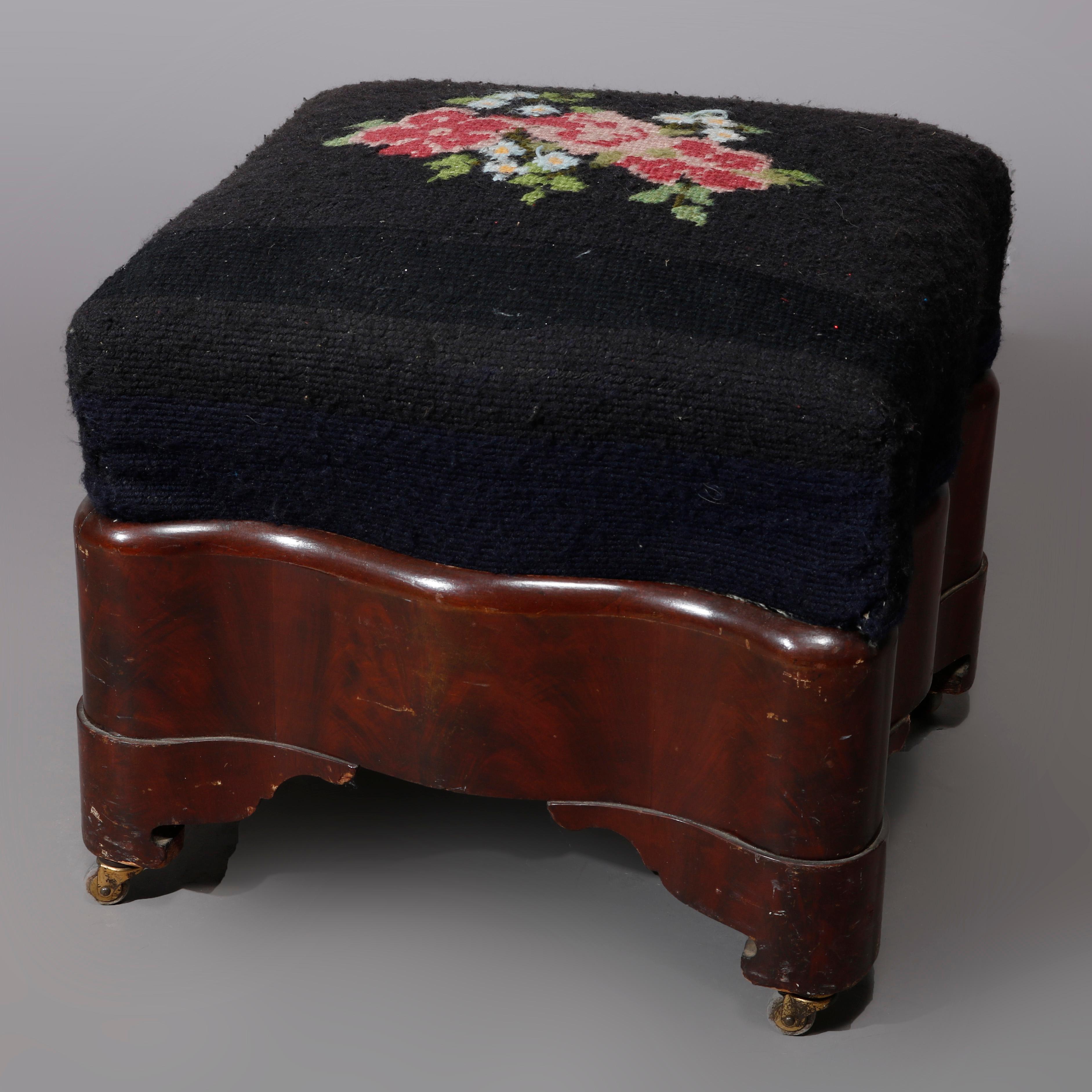19th Century American Empire Mahogany & Floral Needlepoint Foot Stool C1880 For Sale