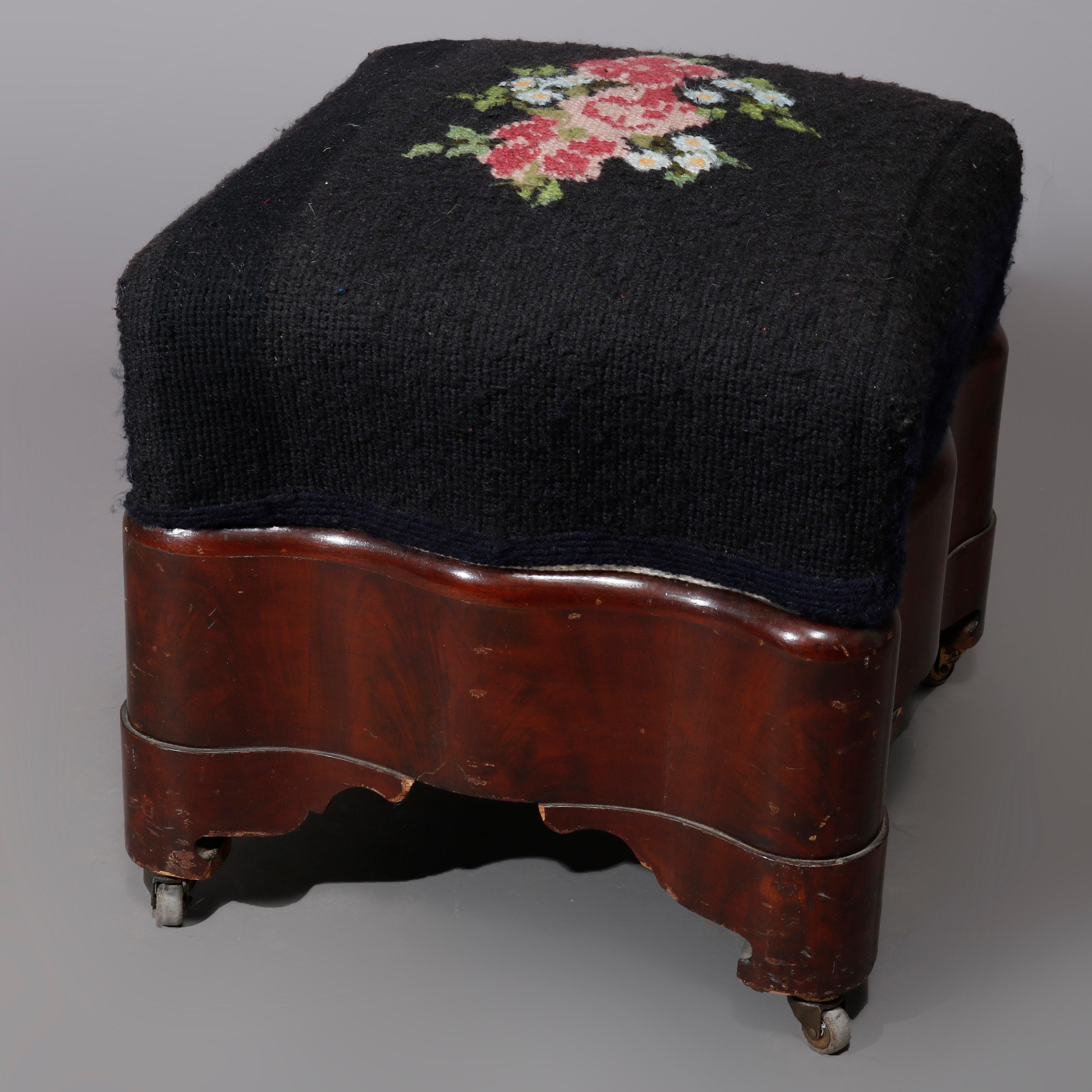 American Empire Mahogany & Floral Needlepoint Foot Stool C1880 For Sale 1