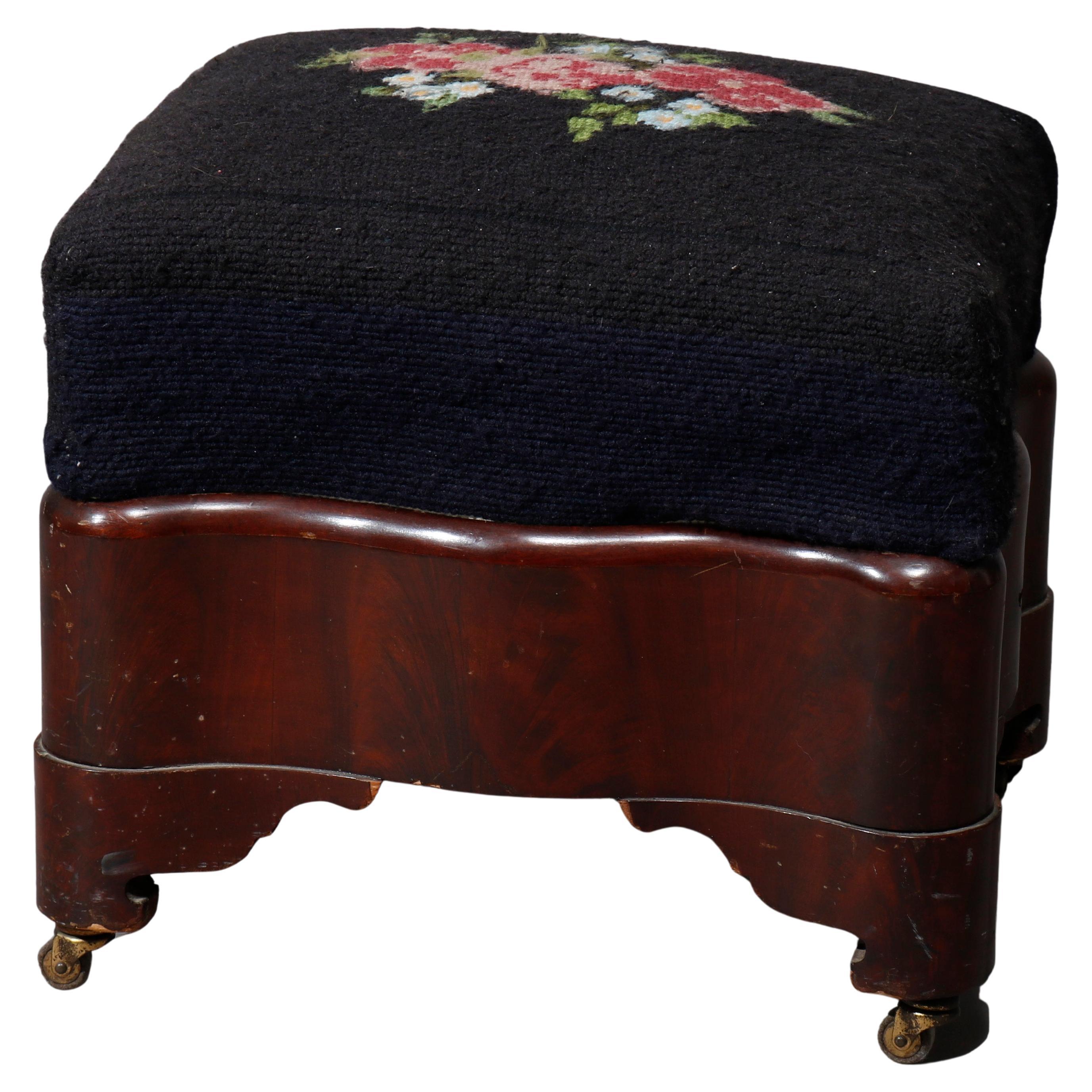 American Empire Mahogany & Floral Needlepoint Foot Stool C1880
