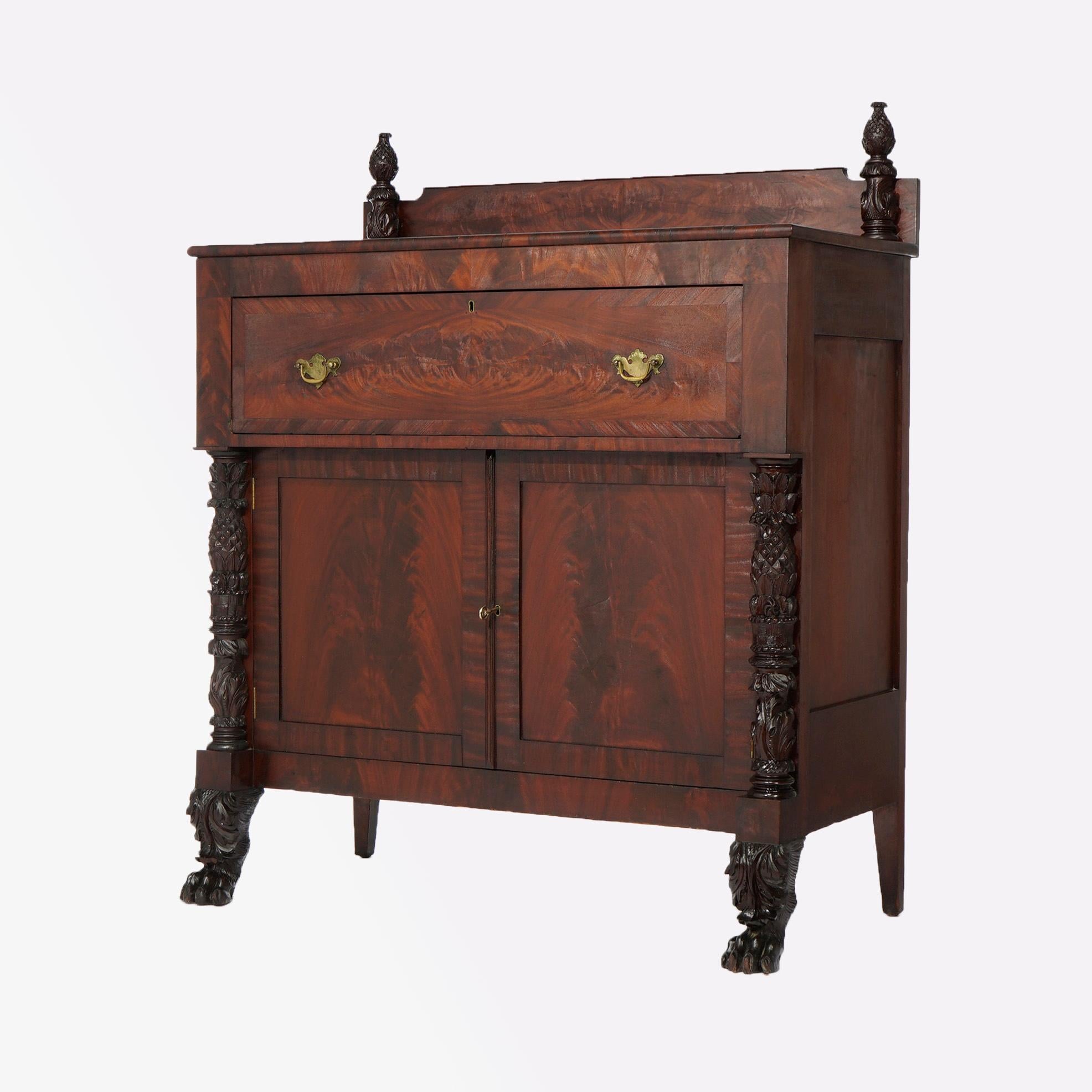 American Empire Neoclassical Carved Flame Mahogany Linen Press Sideboard c1840 In Good Condition In Big Flats, NY