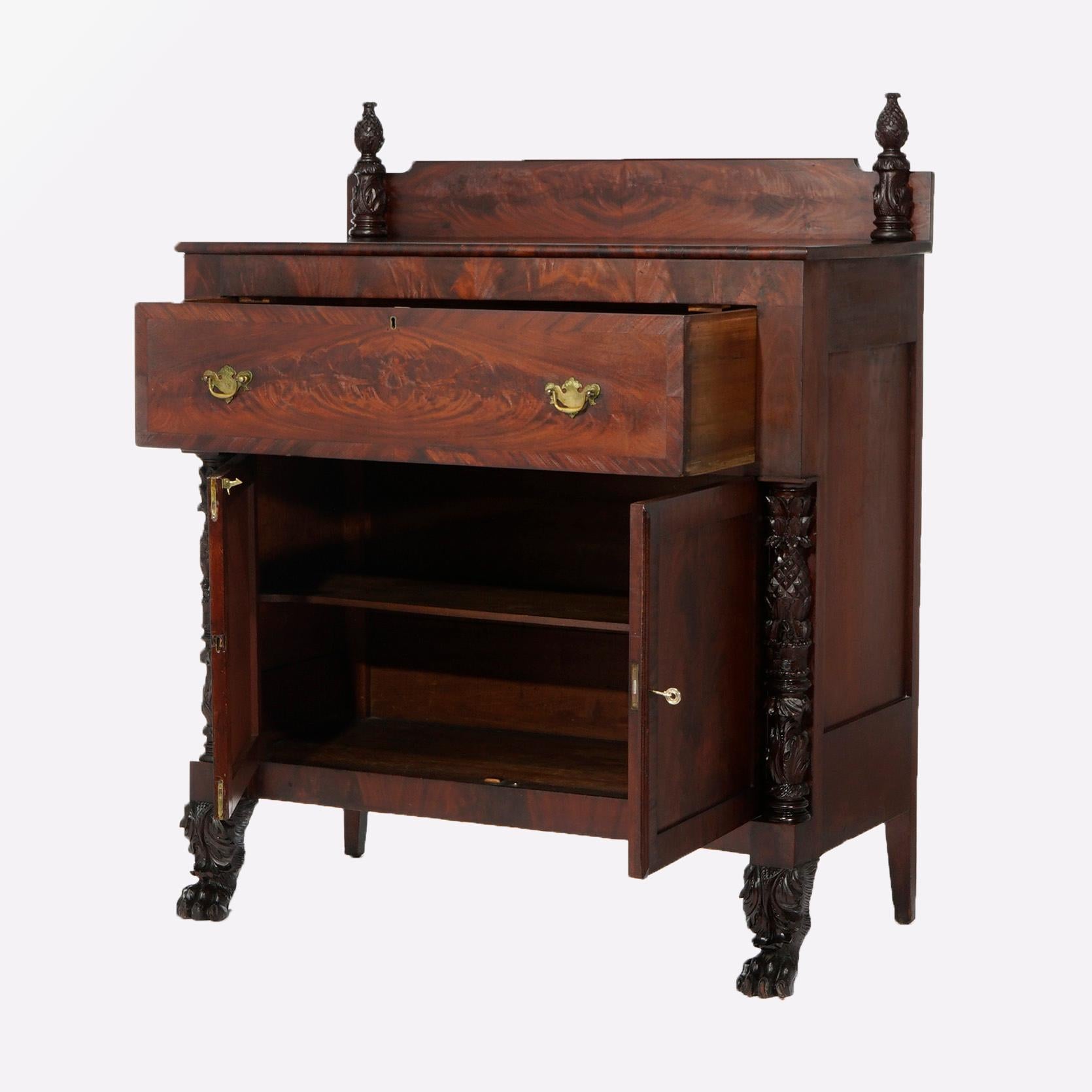 19th Century American Empire Neoclassical Carved Flame Mahogany Linen Press Sideboard c1840