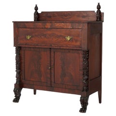 Antique American Empire Neoclassical Carved Flame Mahogany Linen Press Sideboard c1840