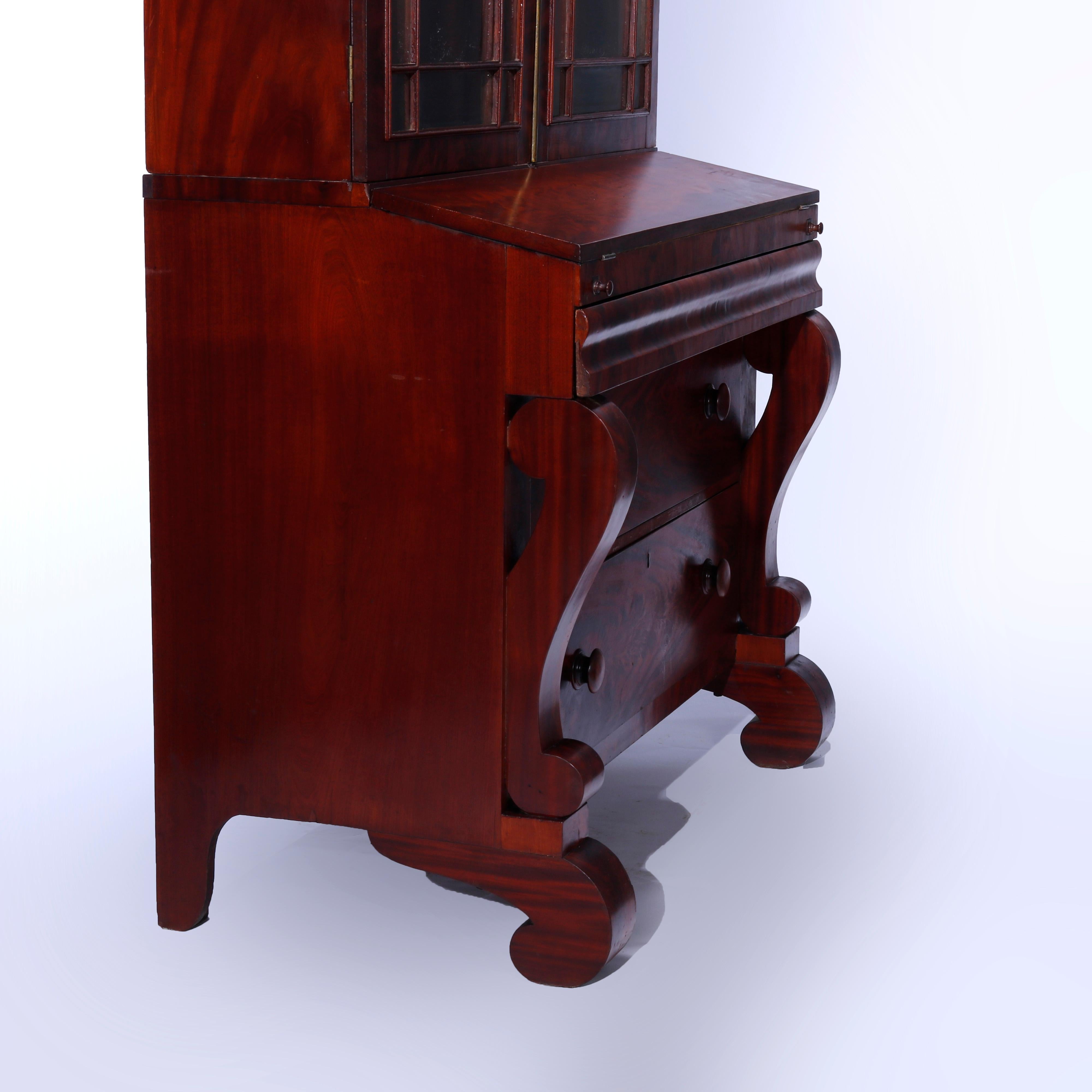 19th Century American Empire Neoclassical Meeks School Flame Mahogany Secretary Desk, c1840