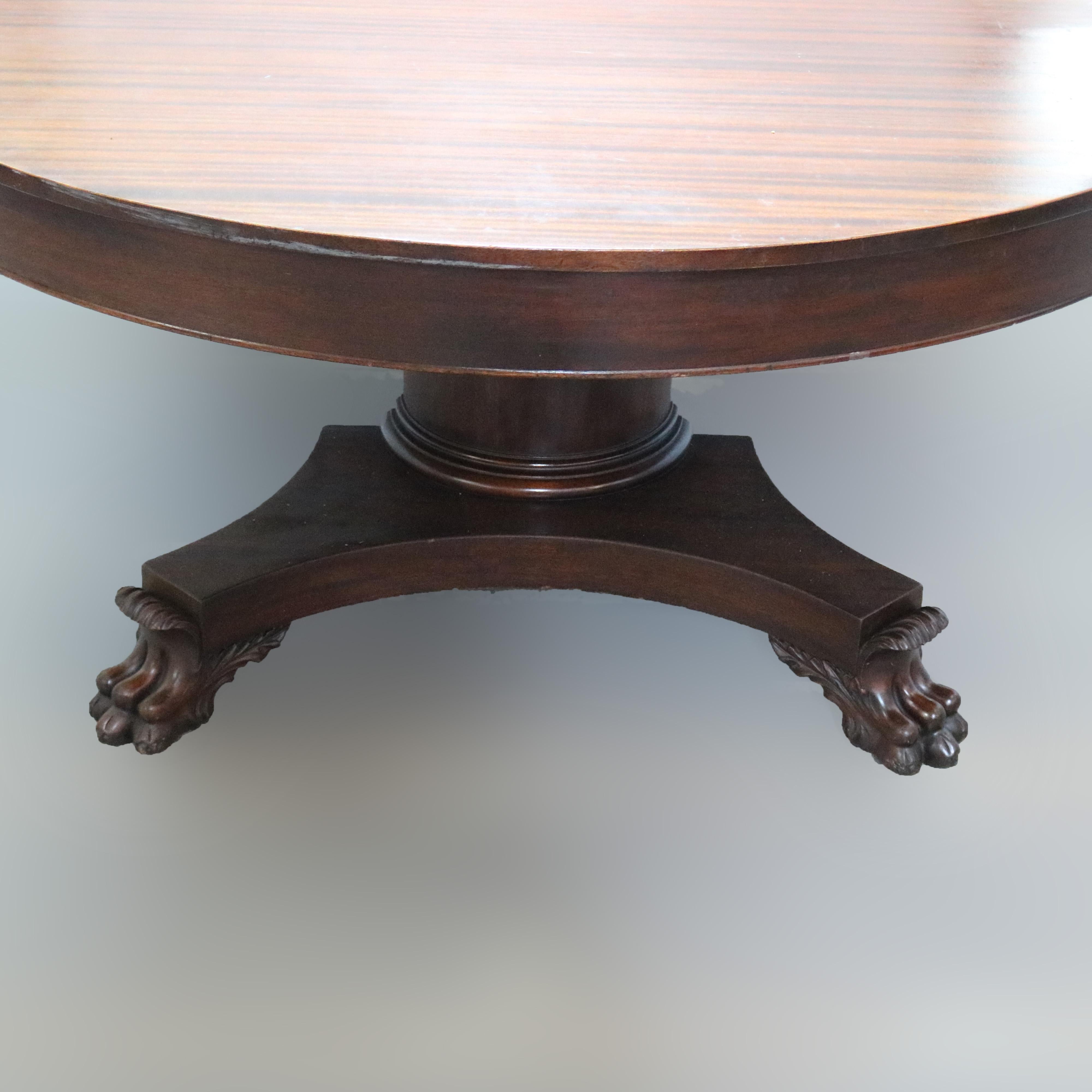 Carved American Empire Oversized Mahogany Split Pedestal Banquet Table, 8 Leaves