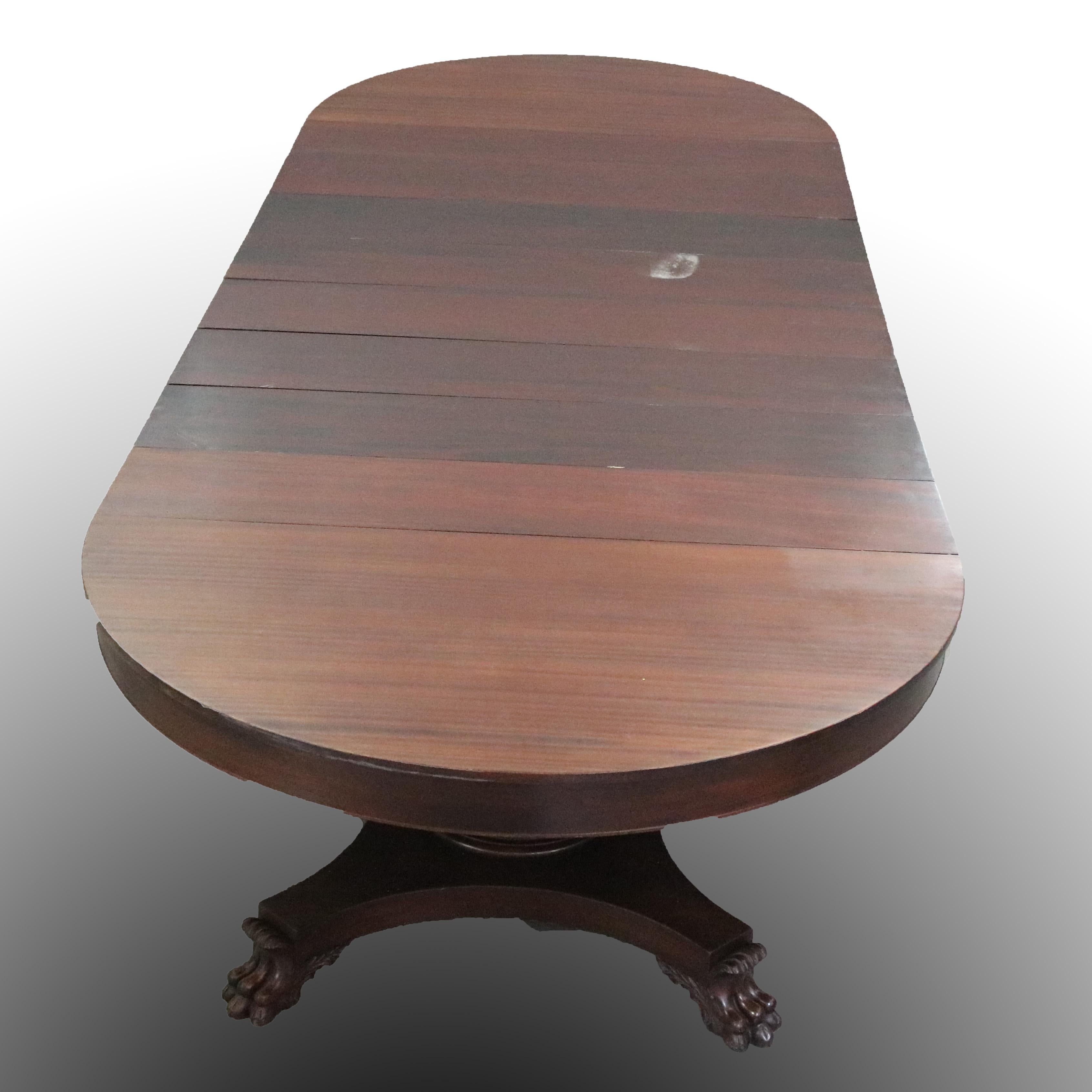 American Empire Oversized Mahogany Split Pedestal Banquet Table, 8 Leaves In Good Condition In Big Flats, NY