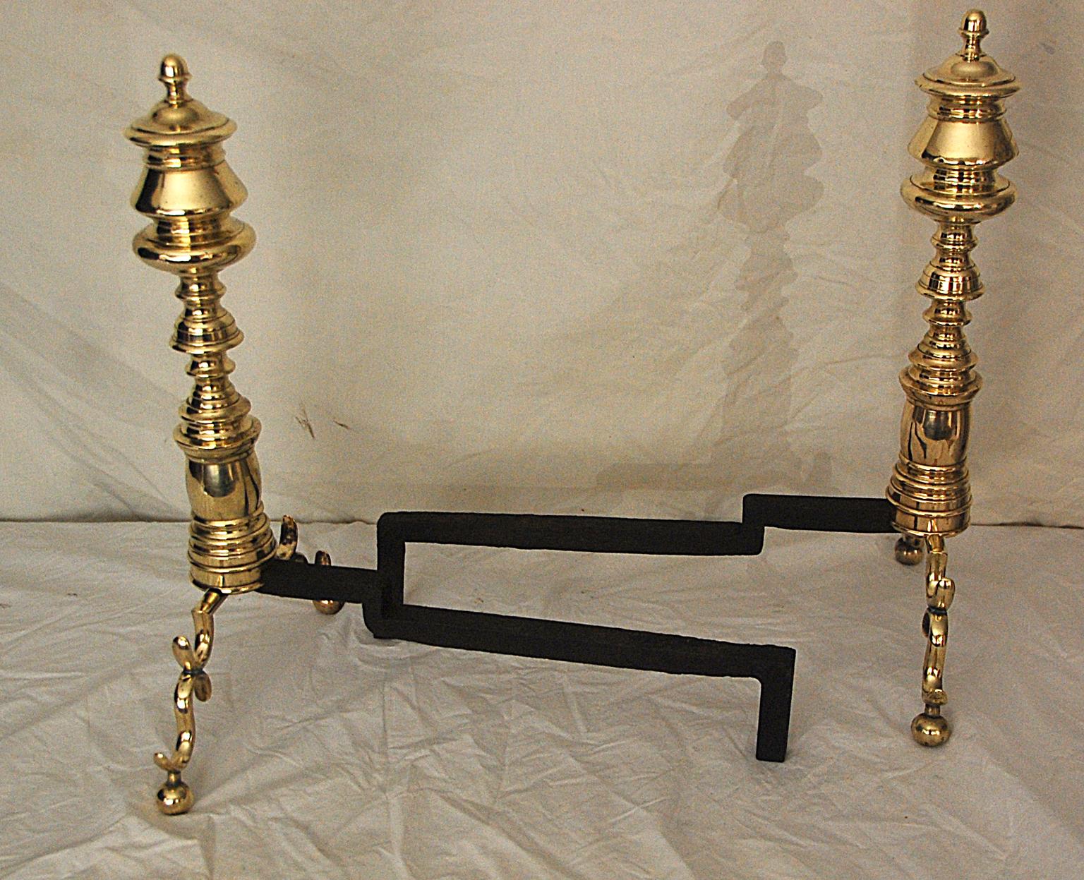 American Empire Period Brass Andirons In Good Condition For Sale In Wells, ME