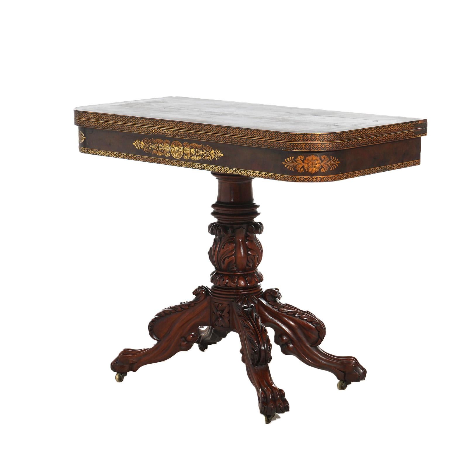 19th Century American Empire Quervelle School Carved & Gilt Stenciled Mahogany Game Table