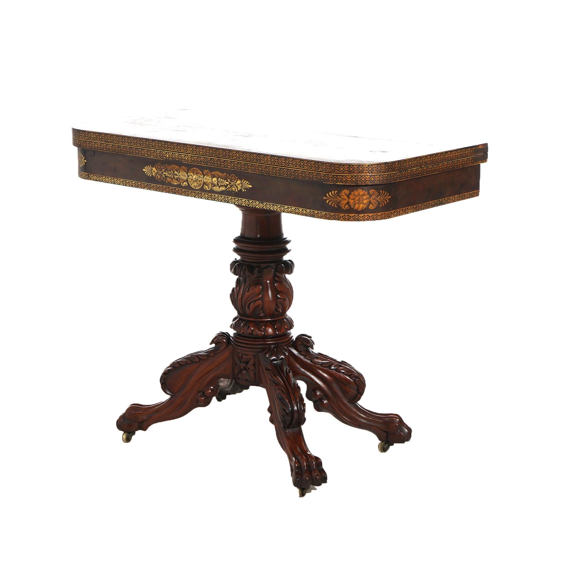 American Empire Quervelle School Carved & Gilt Stenciled Mahogany Game Table 1