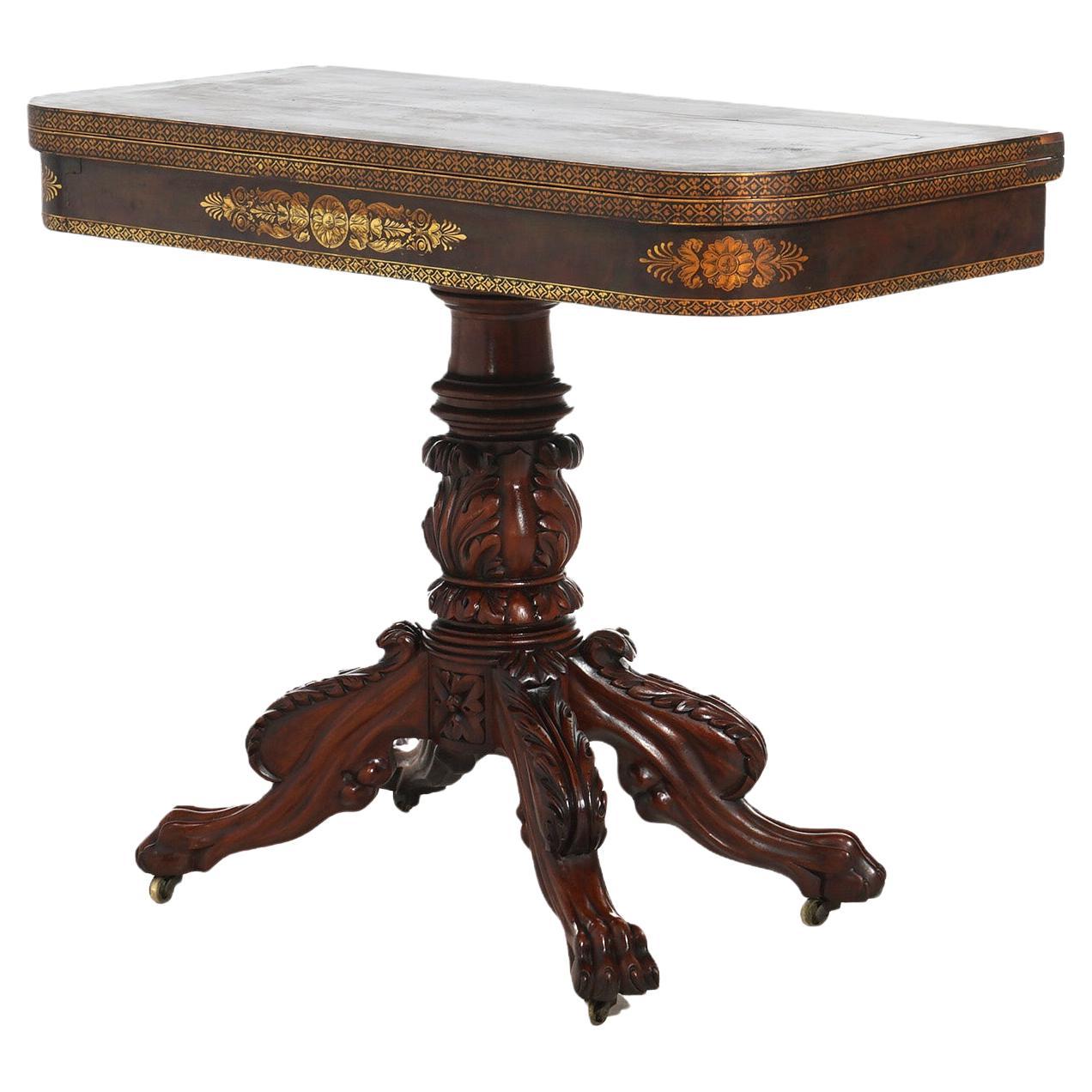 American Empire Quervelle School Carved & Gilt Stenciled Mahogany Game Table