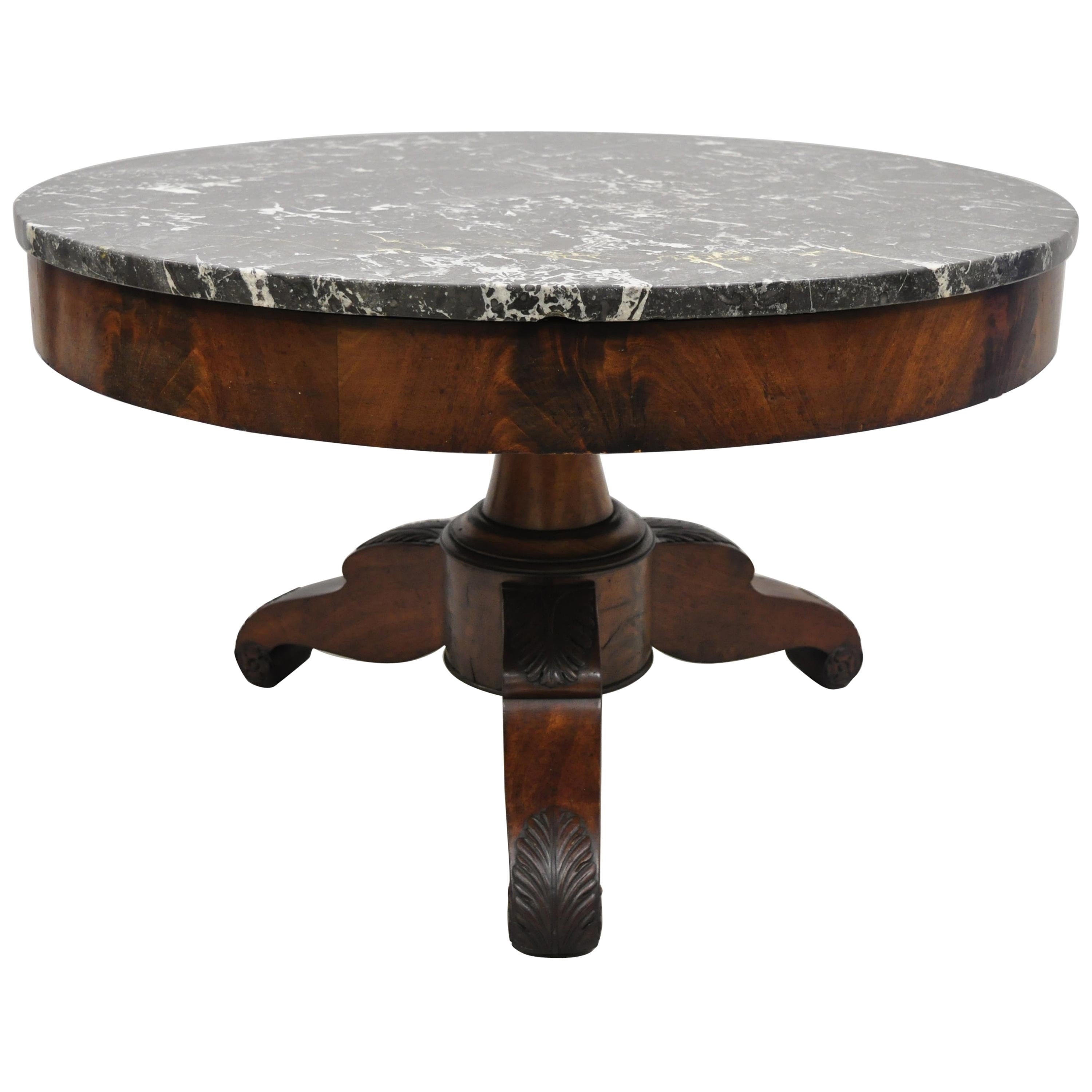 American Empire Round Marble-Top Flame Mahogany Pedestal Base Coffee Table
