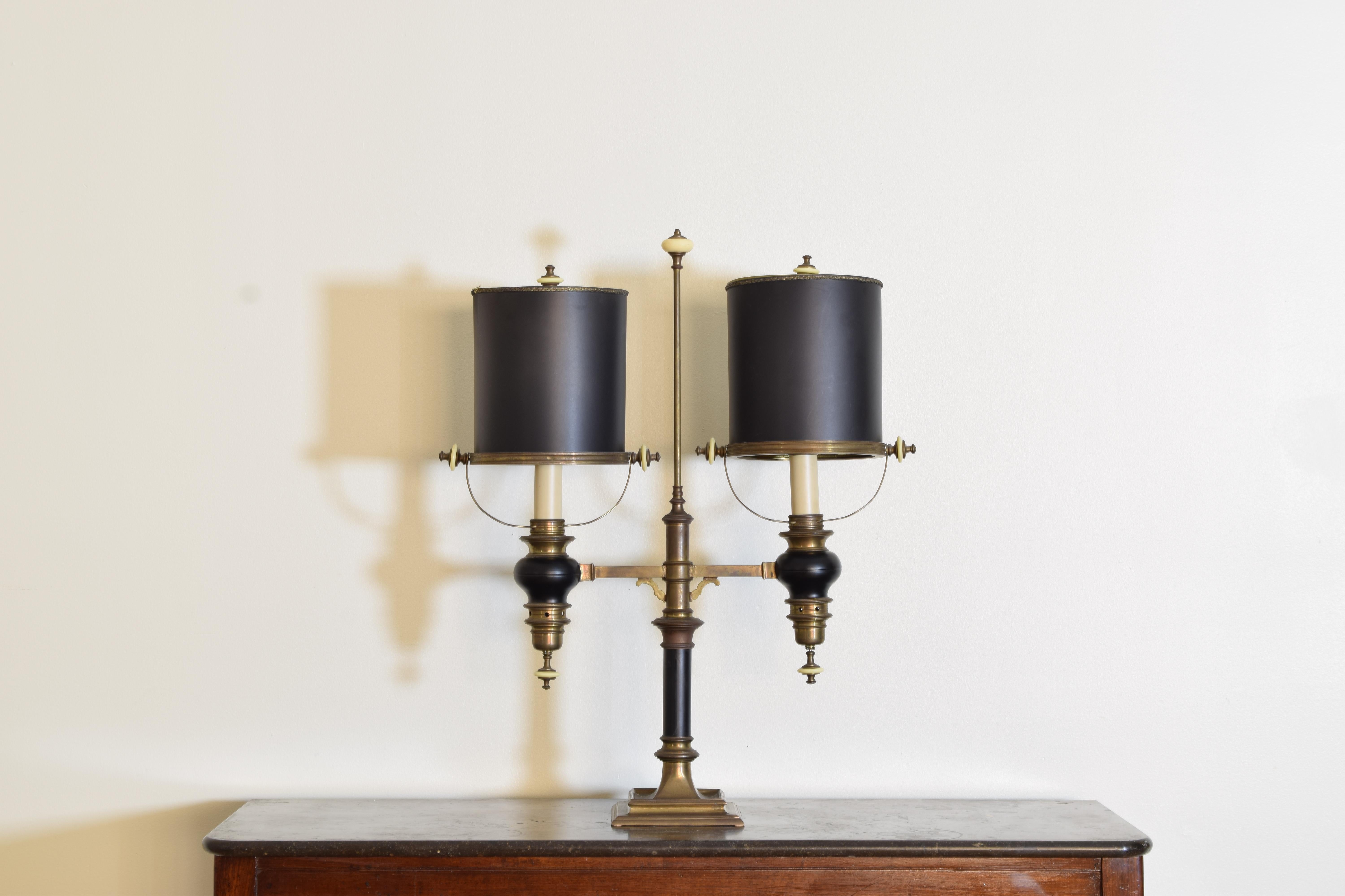 American Empire Style Brass & Black Lacquered 2-Light Study Lamp Early-Mid 20th Century.
