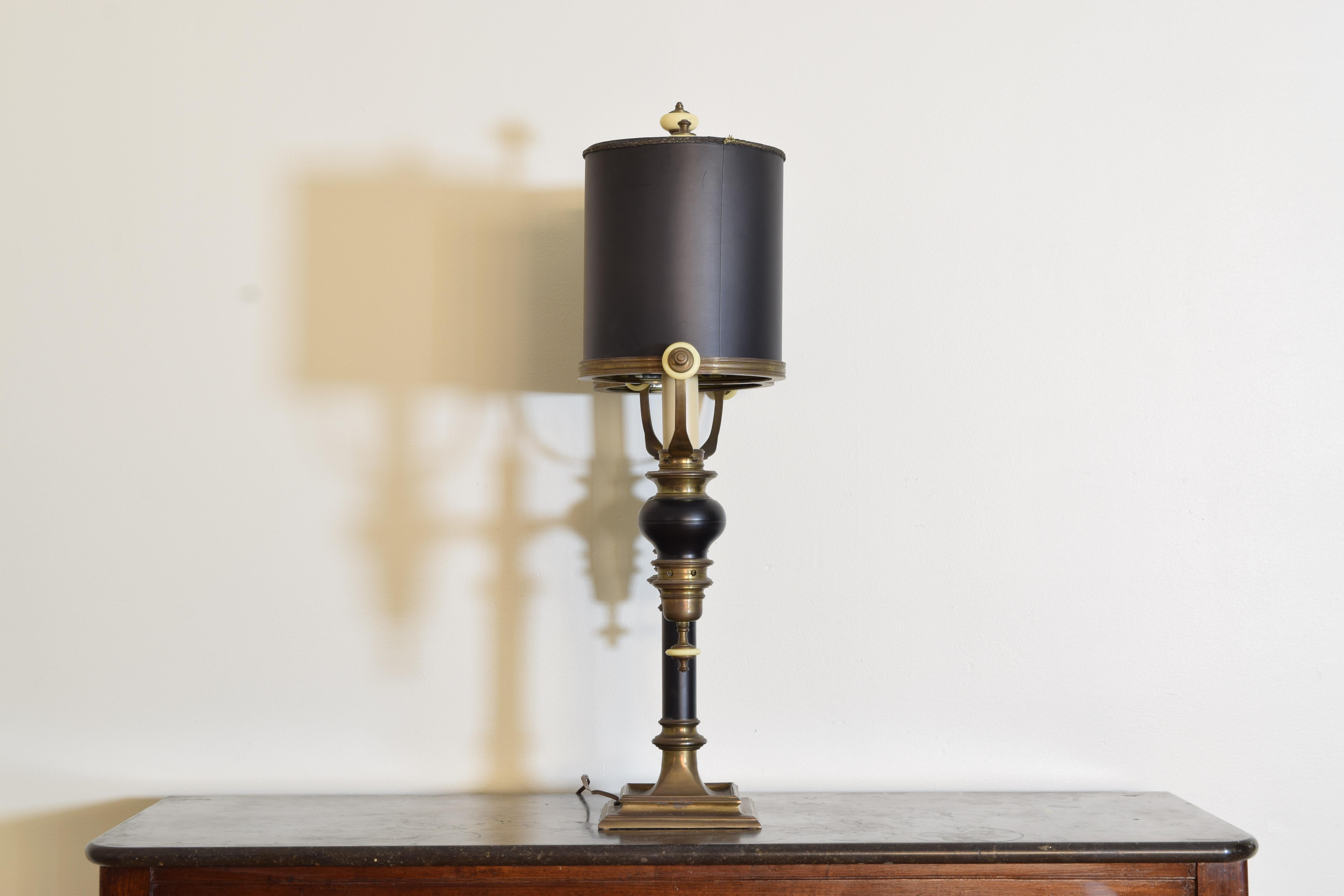 20th Century American Empire Style Brass & Black Lacquered 2-Light Study Lamp Early-Mid 20thC