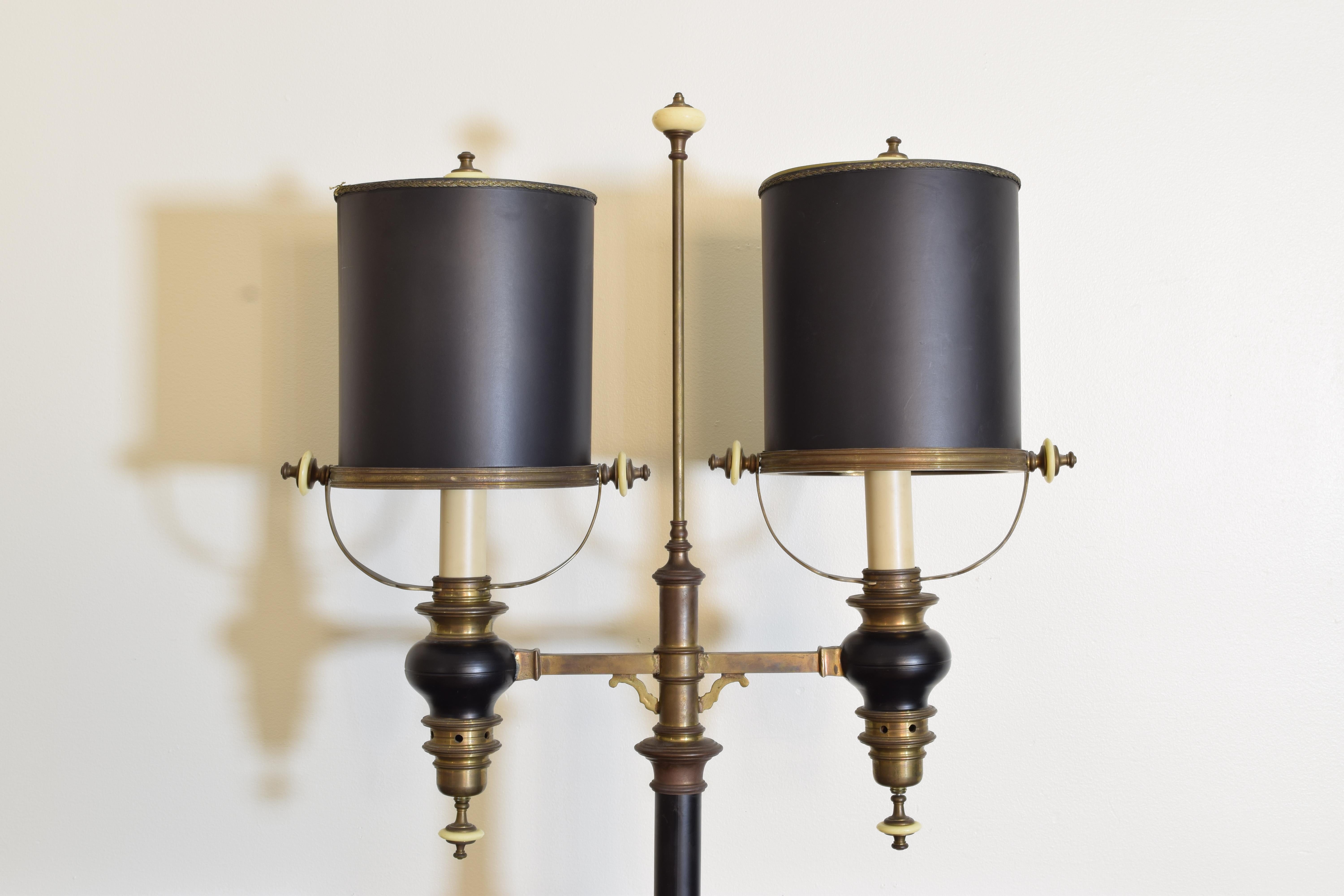 American Empire Style Brass & Black Lacquered 2-Light Study Lamp Early-Mid 20thC 1