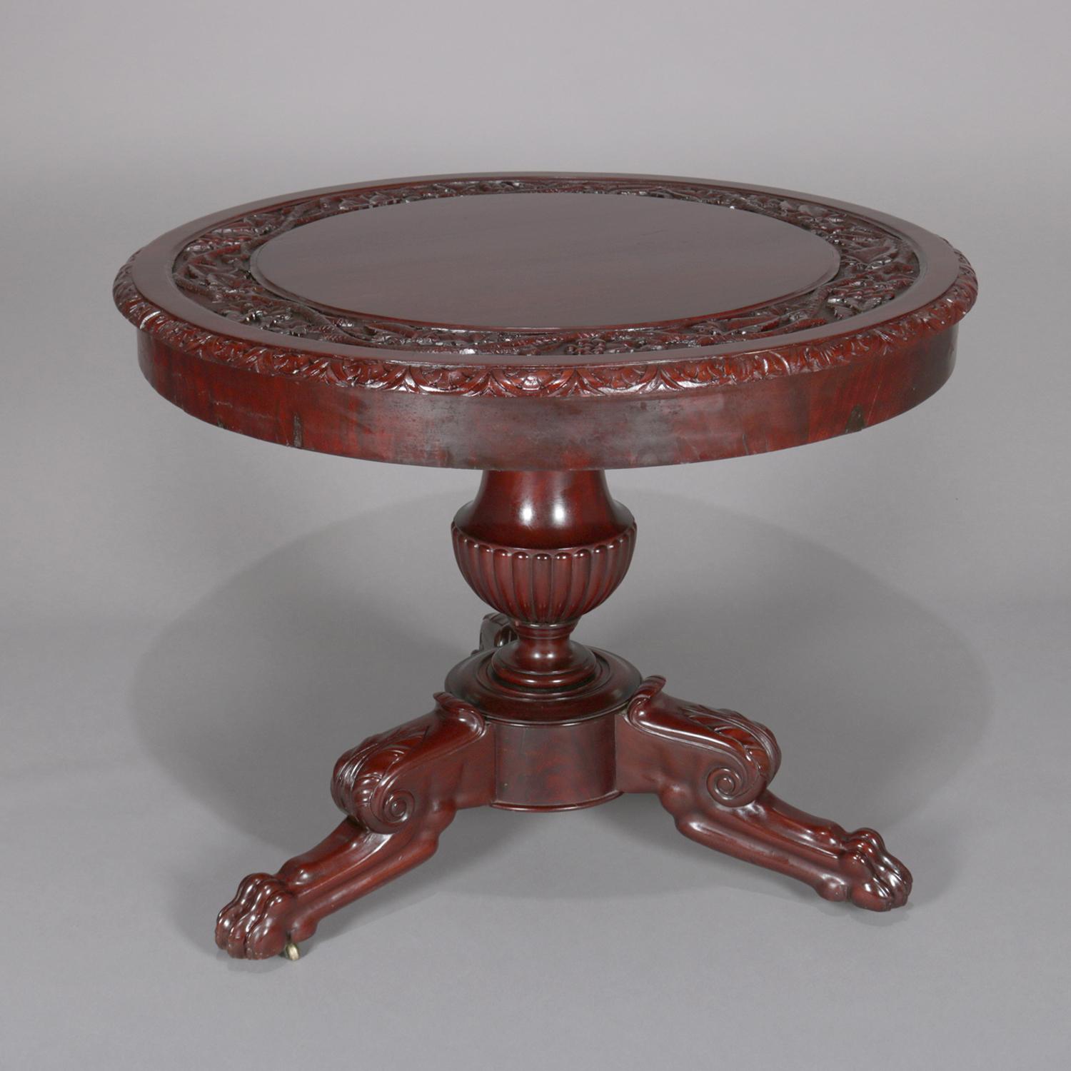 American Empire Style Carved Flame Mahogany Grape and Leaf Center Table In Good Condition In Big Flats, NY