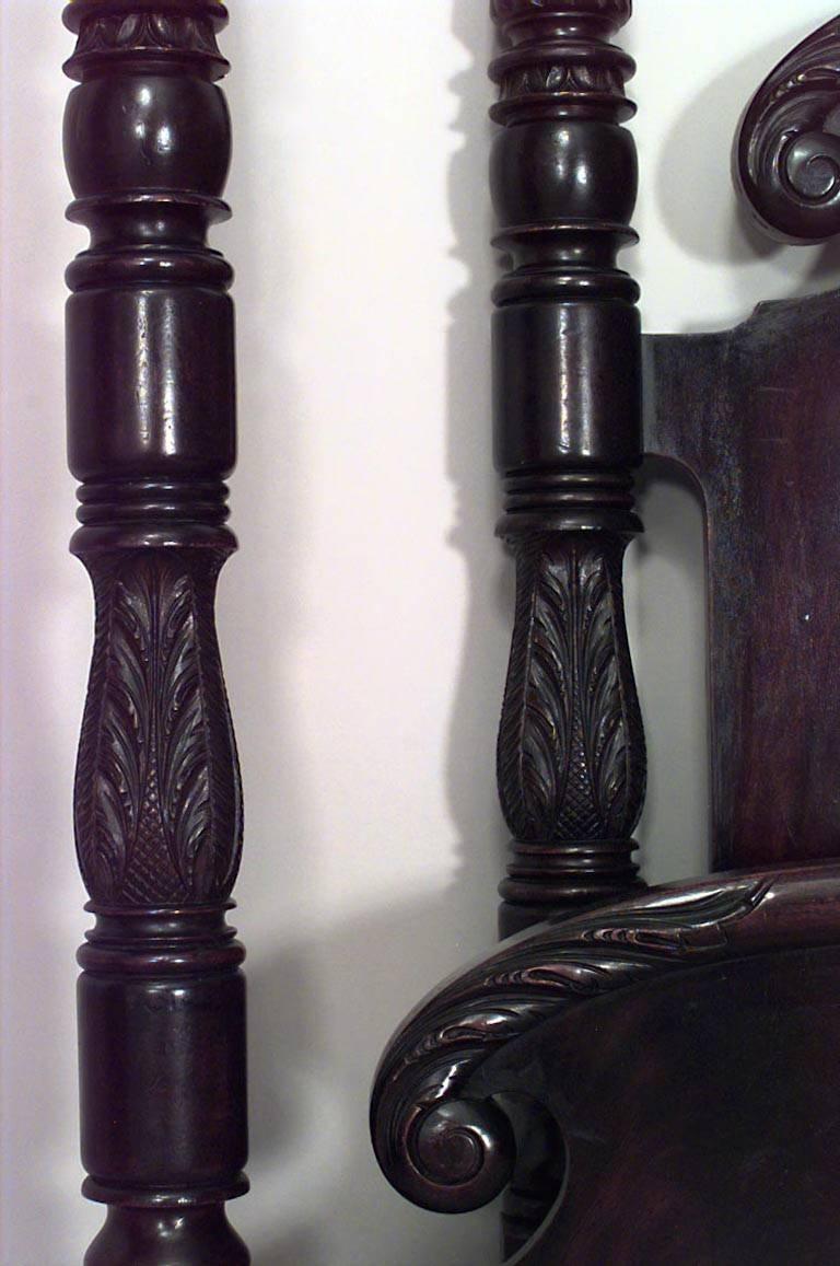 American Empire-style (Probably 19th Century) mahogany four poster twin size bed with acorn finials to the spiral reeded uprights & paw footed footboard. (includes: headboard, footboard, rails). (Slightly irregular size, check measurements).
