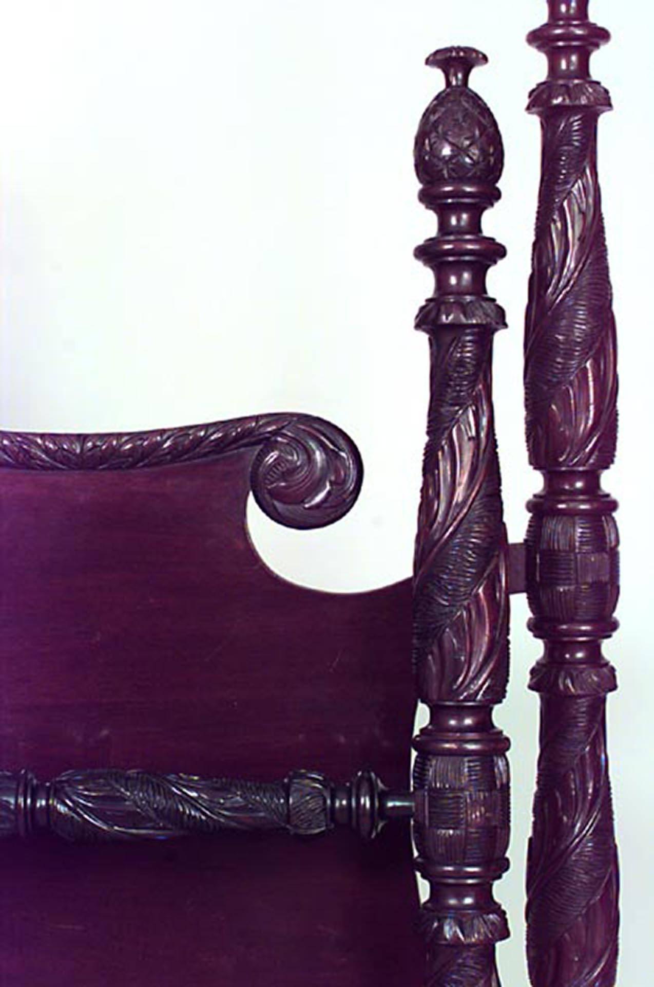 American Empire-style (Probably 19th Century) mahogany 4 post twin size bed with pineapple finials to the acanthus carved uprights and paw footed footboard (includes: headboards, footboards, rails)
