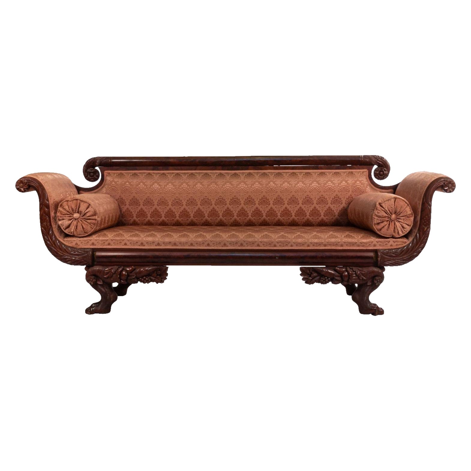 American Empire Style Mahogany Sofa with Peach Upholstery For Sale