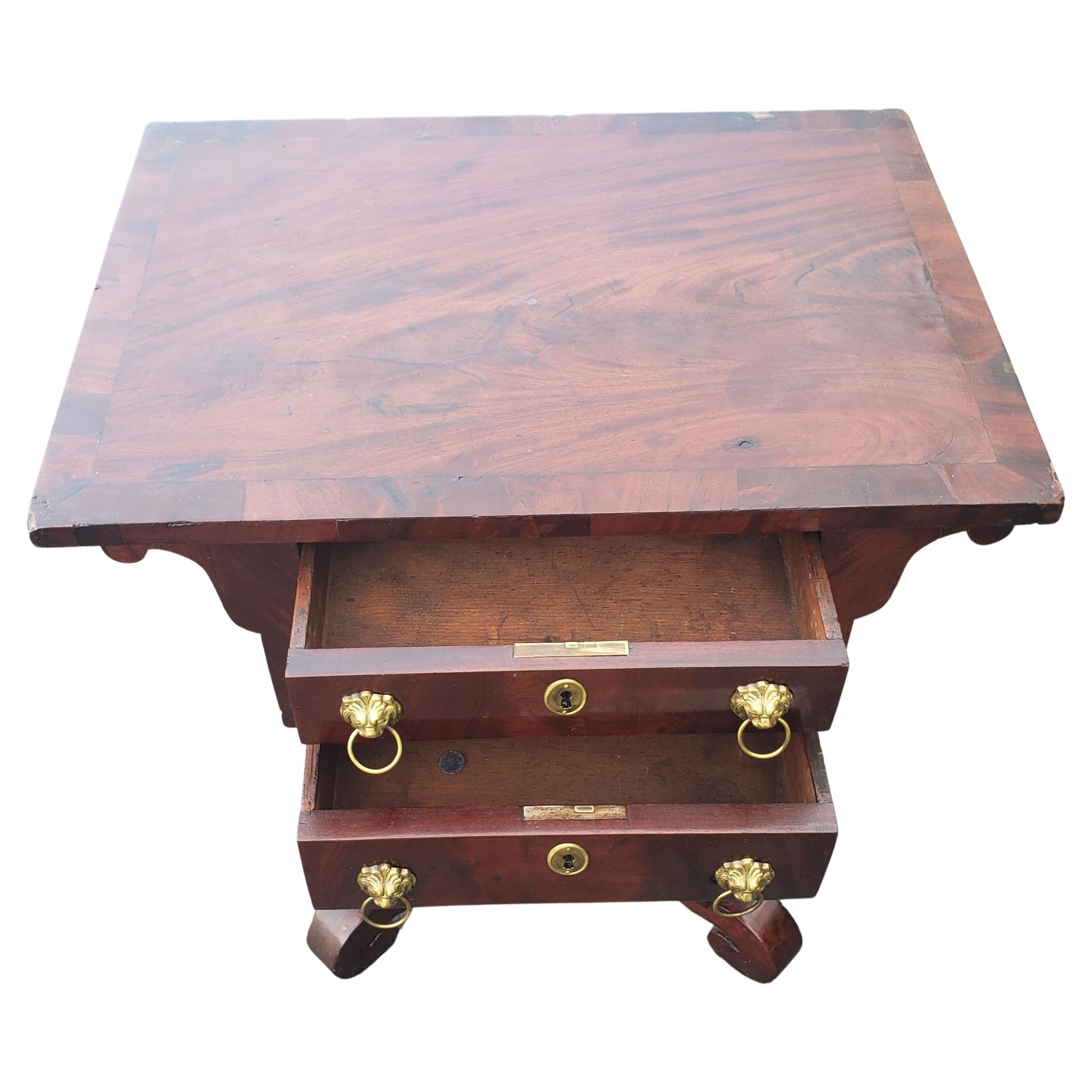 Veneer American Empire Two-Drawer Flame Mahogany Side Table End Table, Circa 1800s