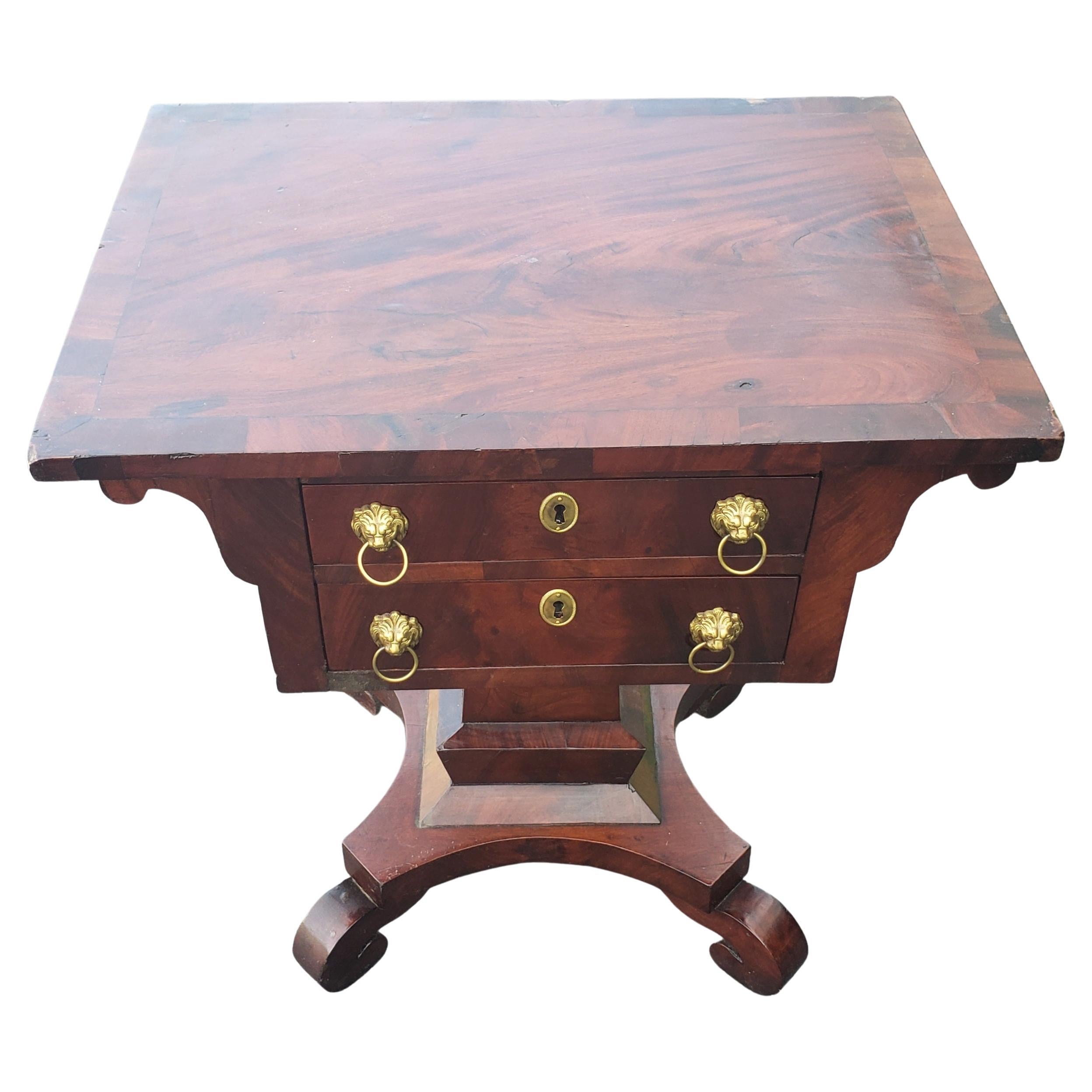 American Empire Two-Drawer Flame Mahogany Side Table End Table, Circa 1800s In Good Condition In Germantown, MD