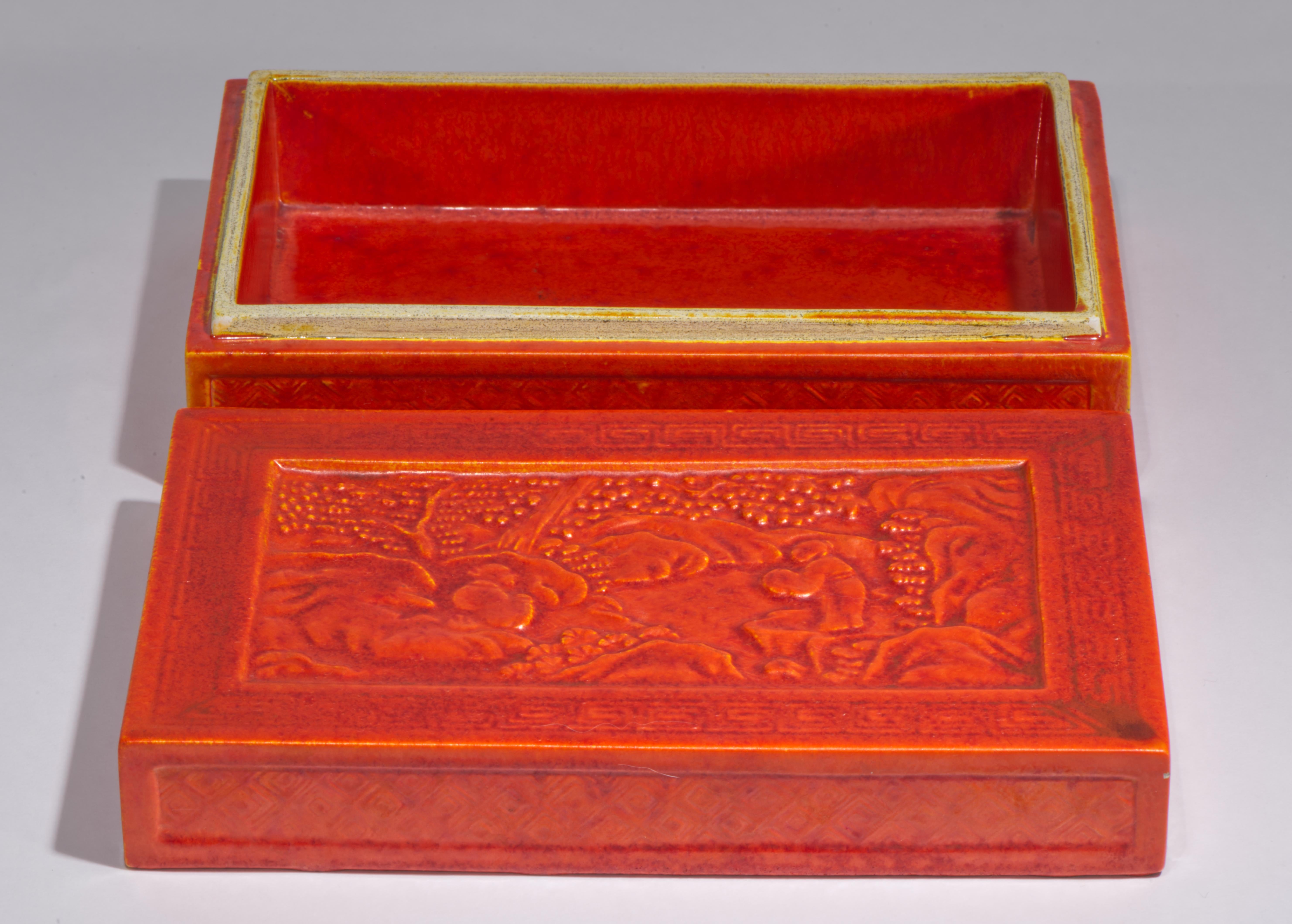 Chinoiserie American Encaustic Co Ceramic Box attr. to Frederick Rhead, Strong Museum For Sale