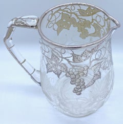 American Engraved Grape Motif & Silver Overlay Crystal Pitcher, Possibly Hawkes