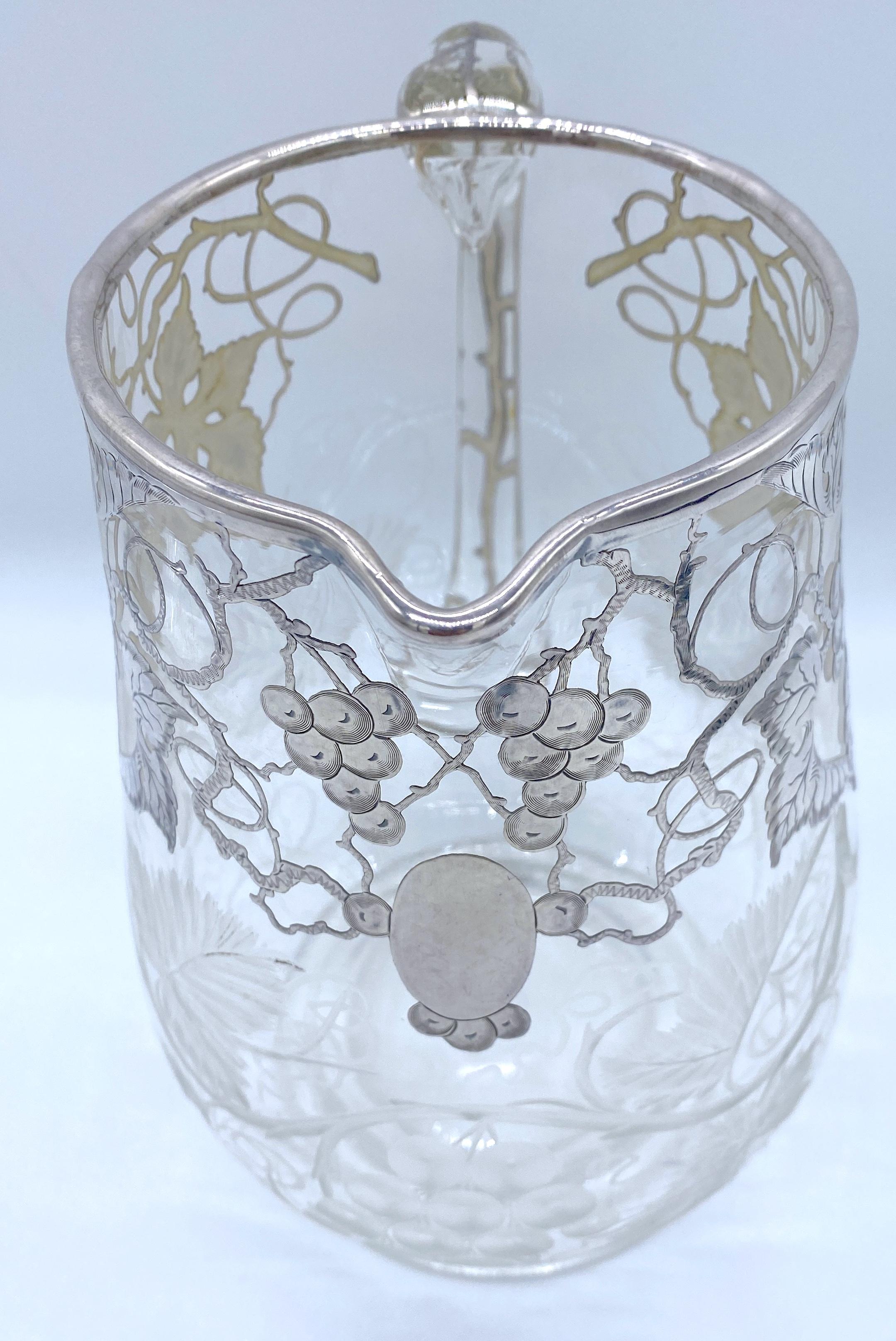 High Victorian American Engraved Grape Motif & Silver Overlay Crystal Pitcher, Possibly Hawkes For Sale